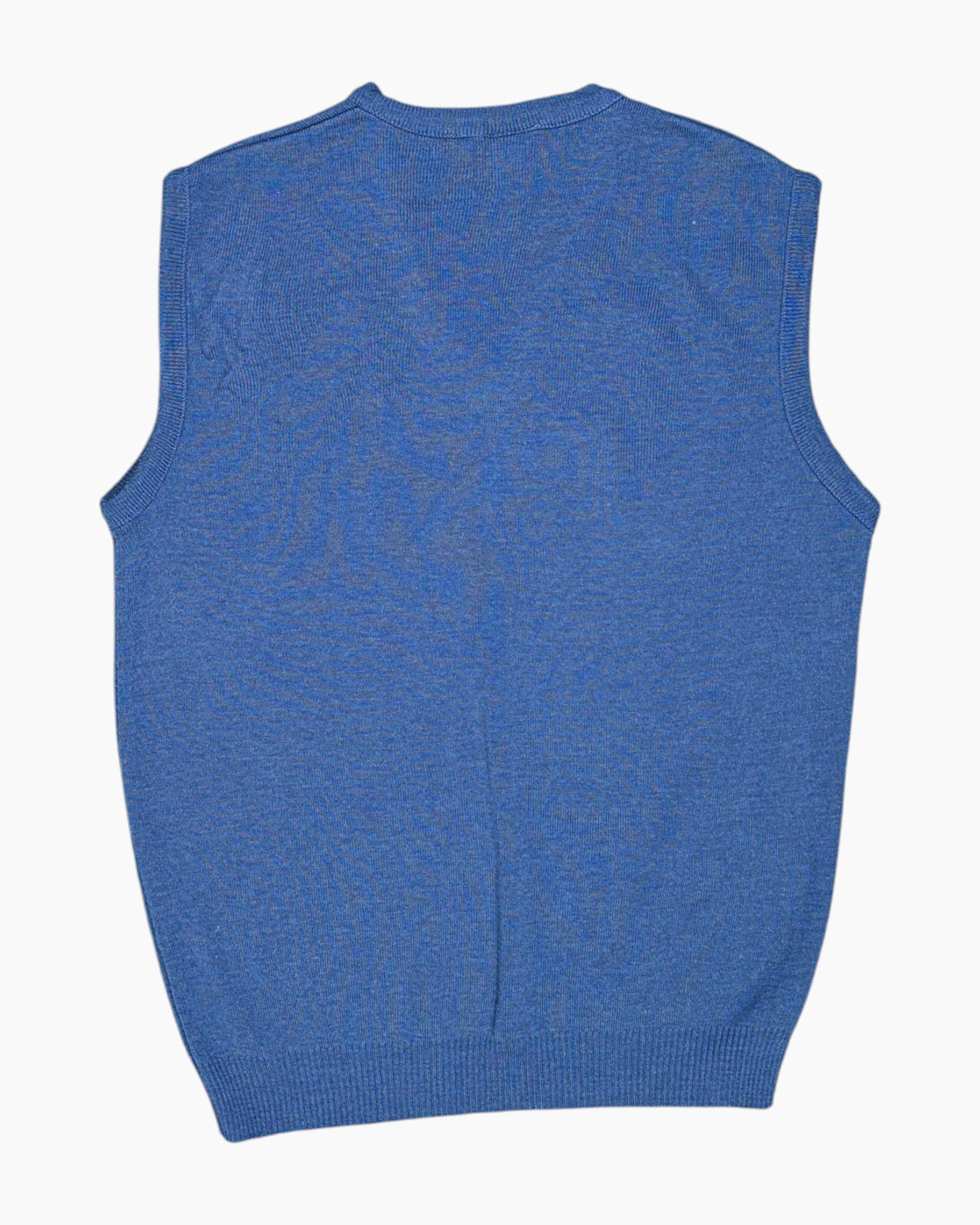 Back Vintage 80s/90s Ashbrook Sweater Vest – Blue V‑Neck Ribbed Hem