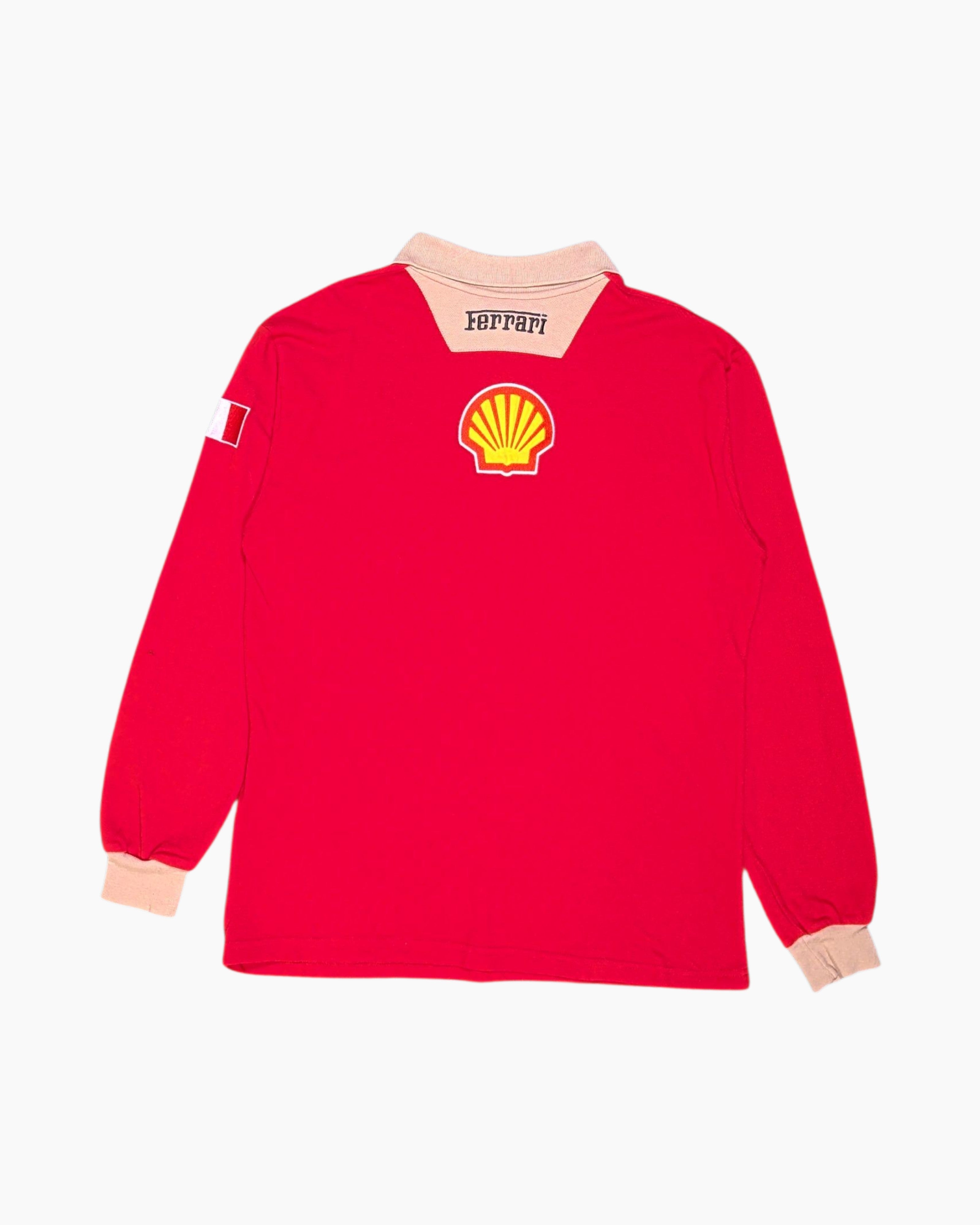Back Vintage Y2K Ferrari Long Sleeve Polo Shirt – Red with Embroidered Logos