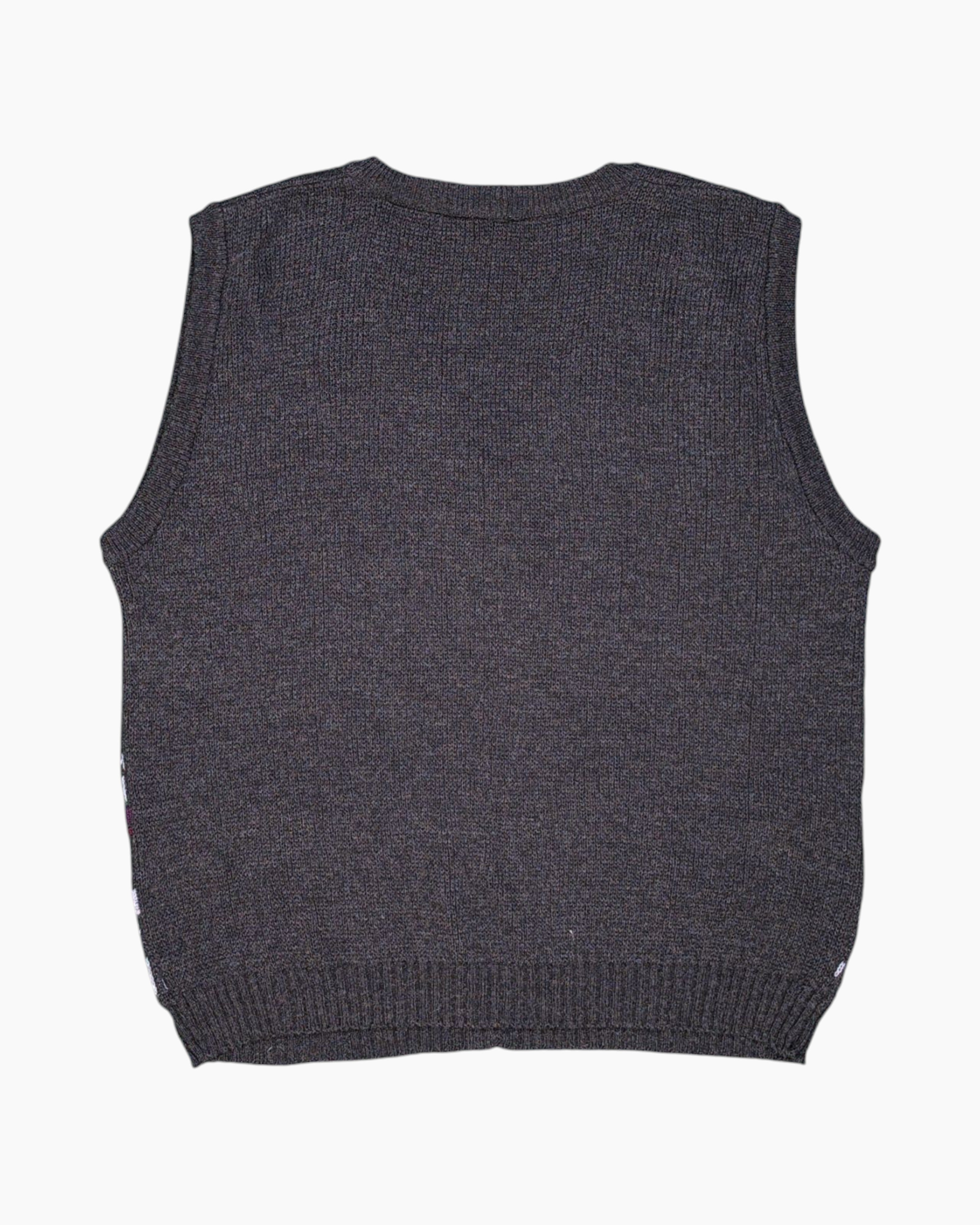 Back Vintage 80s/90s Unknown Sweater Vest – Gray Jacquard with Red Accent
