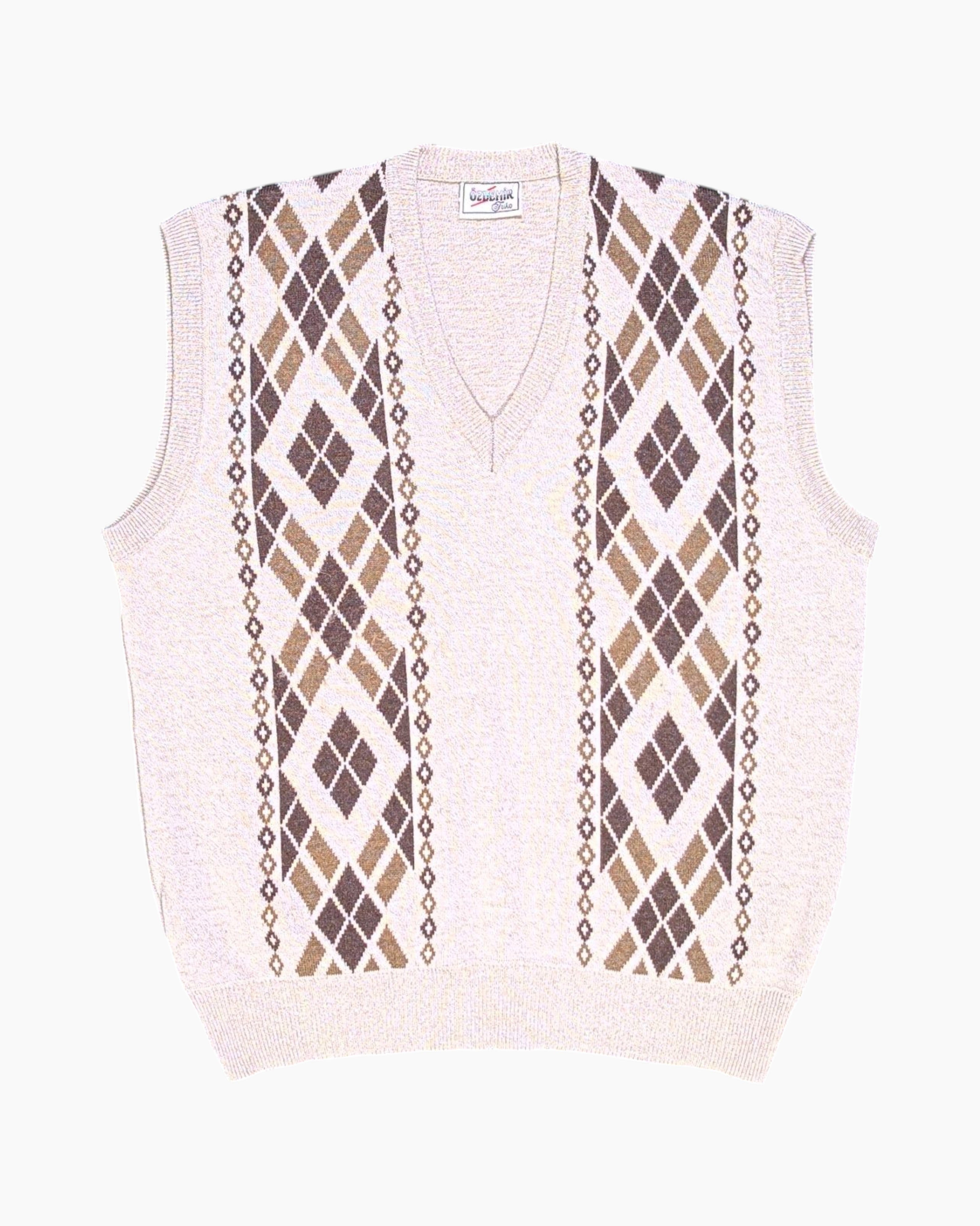 Front Vintage 80s/90s ÖZDEMİR Triko Sleeveless Knit Vest – Beige Argyle