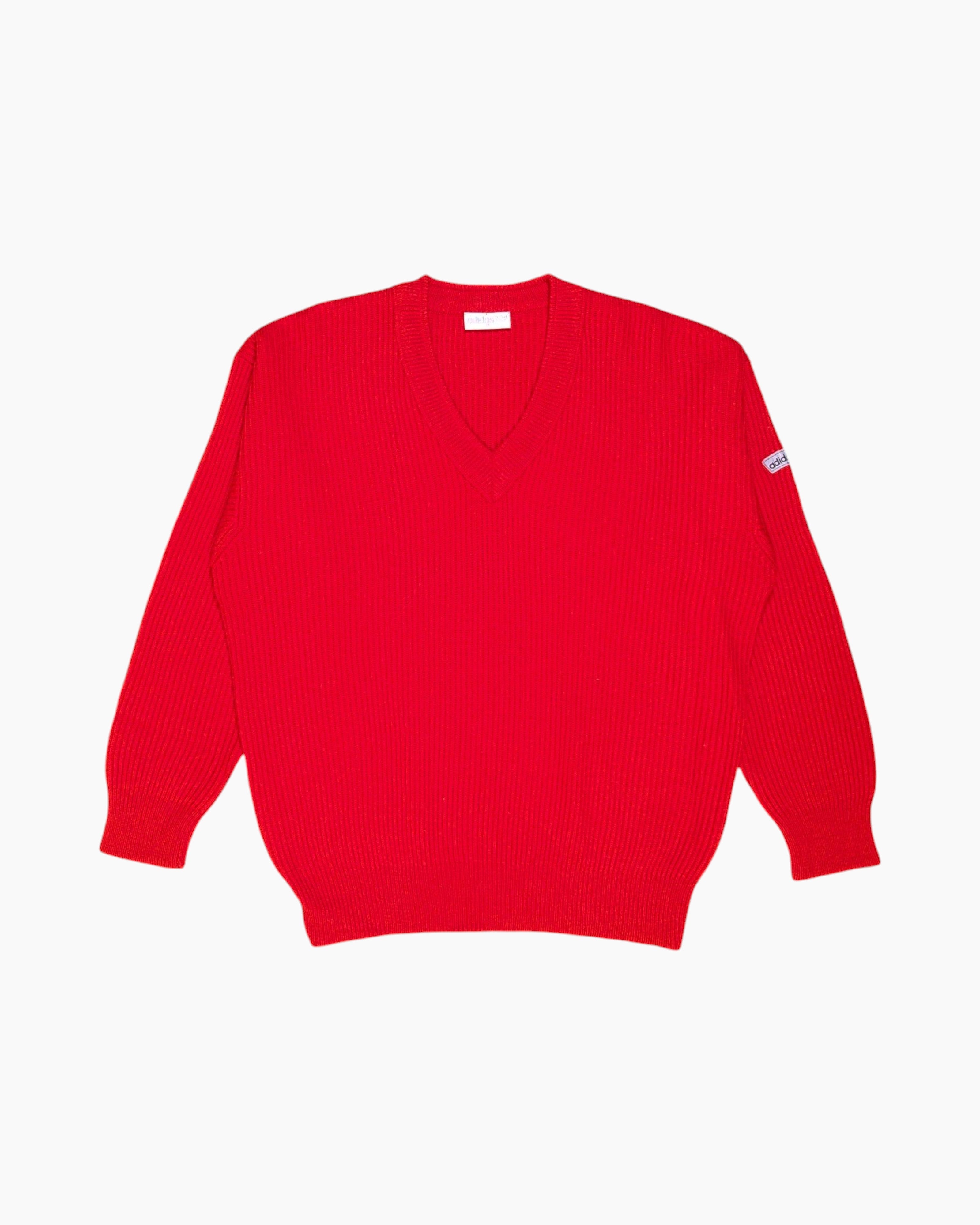 Front Vintage 80s/90s adidas Pullover Sweater – Red V‑Neck Rib Knit