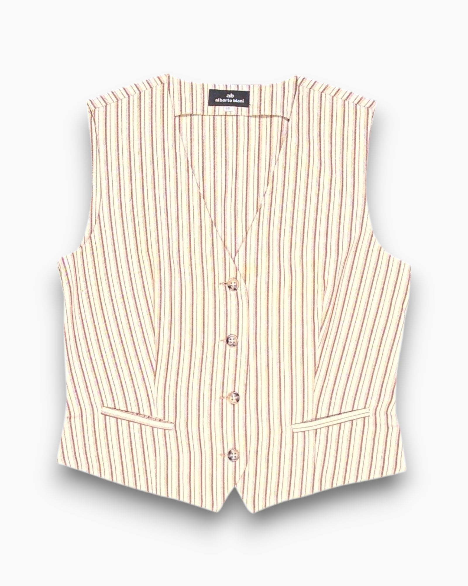 Front Vintage Y2K alberto biani Sleeveless Button-Up Top – Taupe Striped
