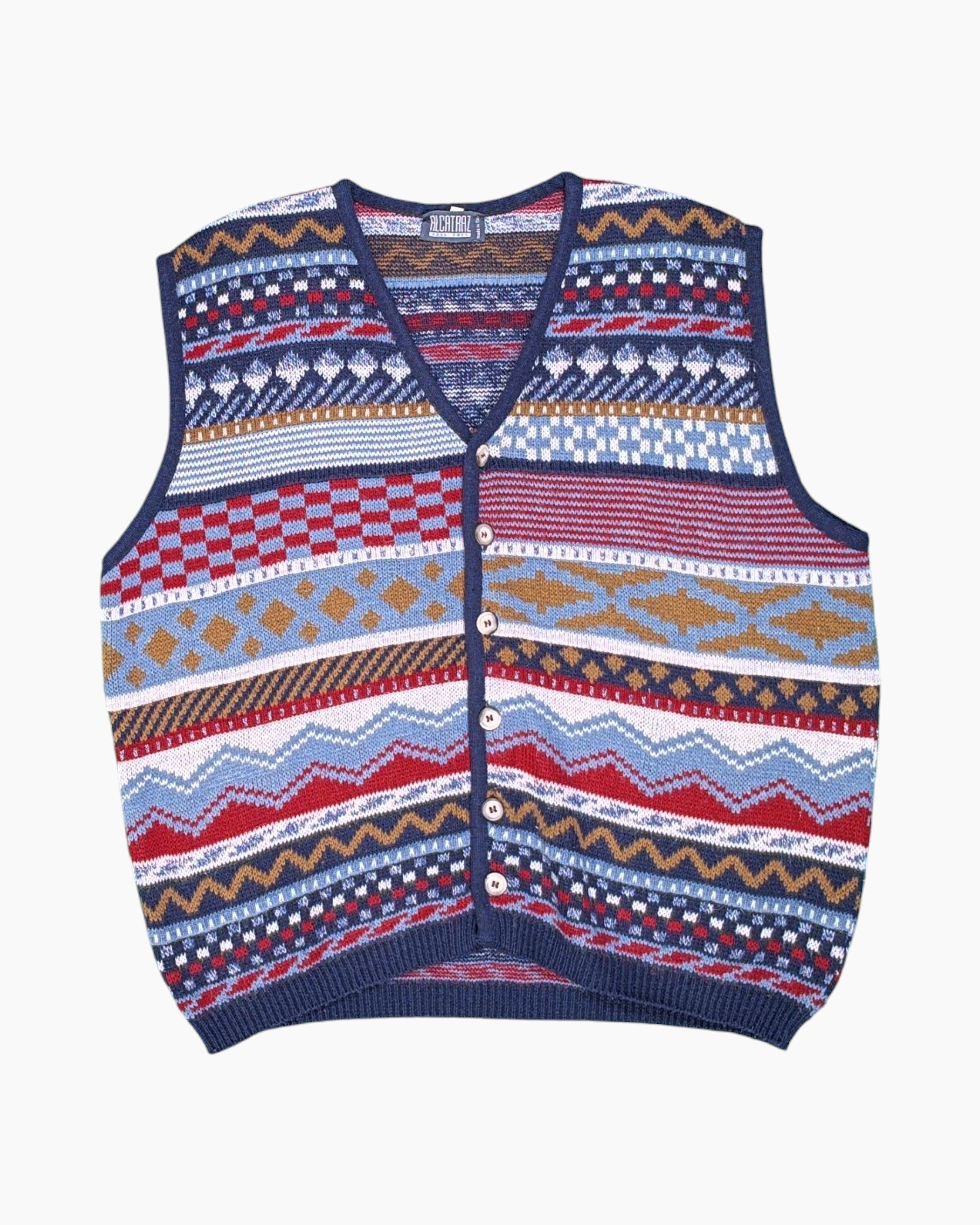 Front Vintage 90s ALCATRAZ Button-front Knit Vest – Multicolor Geometric