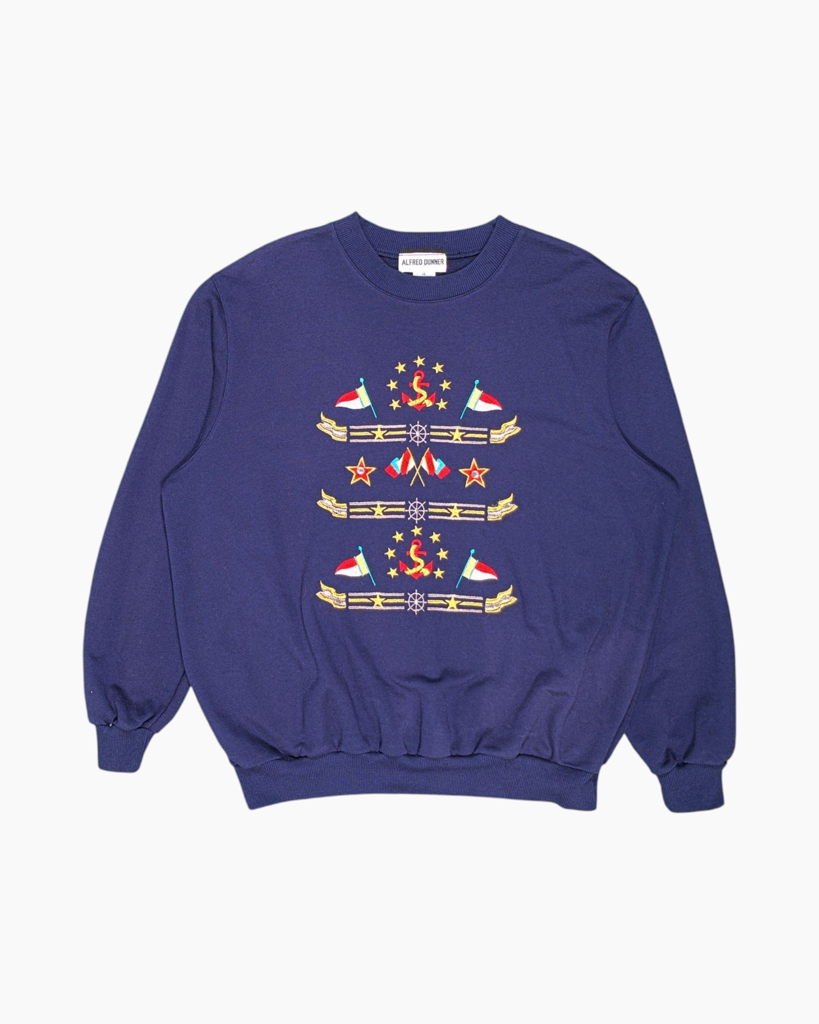 Front Vintage 80s/90s ALFRED DUNNER Pullover Sweater – Navy embroidered nautical