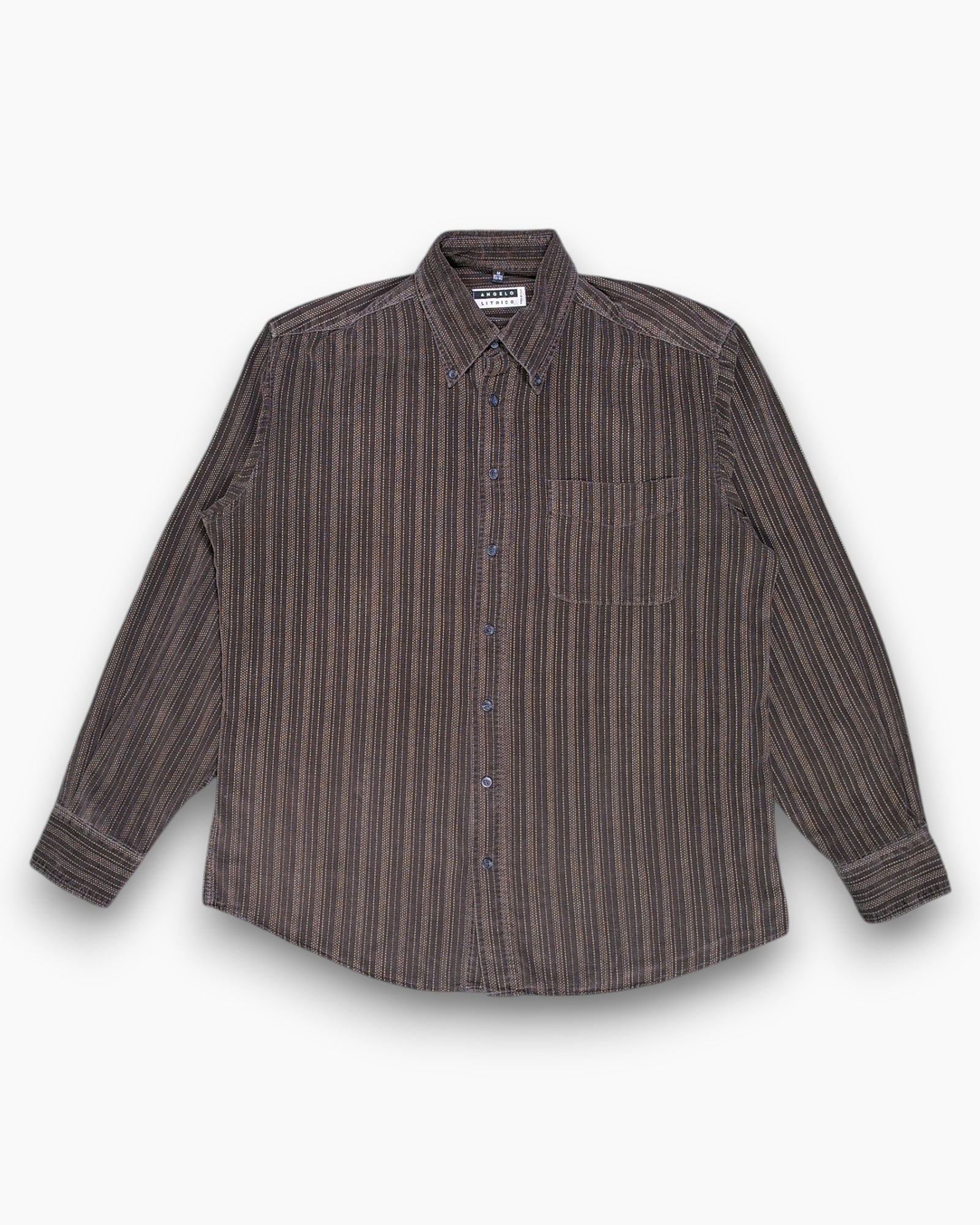 Front Vintage 90s ANGELO LITRICO Button-Down Shirt – Brown Micro-Stripe
