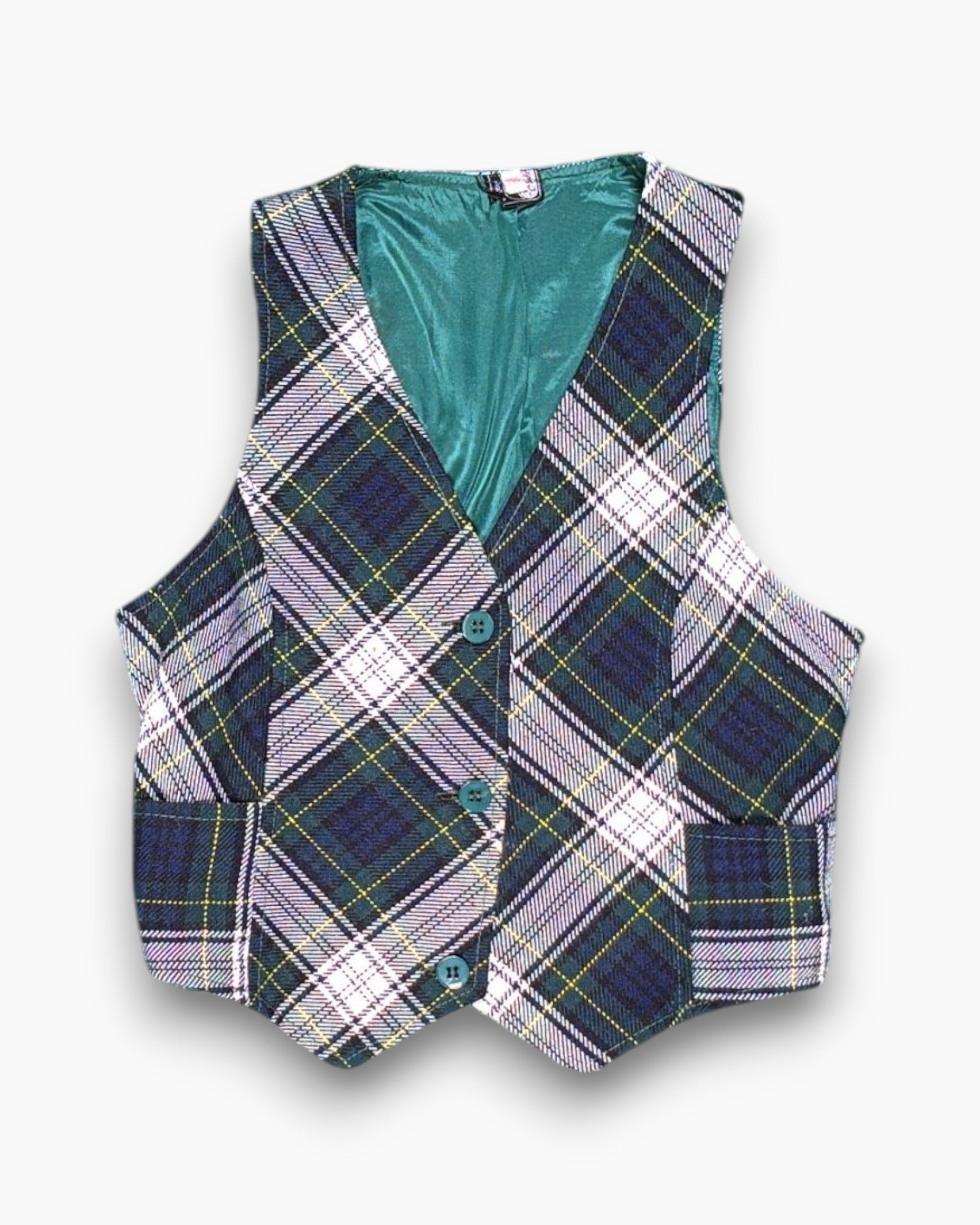 Front Vintage 80s/90s Bayer Vest – Checkered Tartan Waistcoat