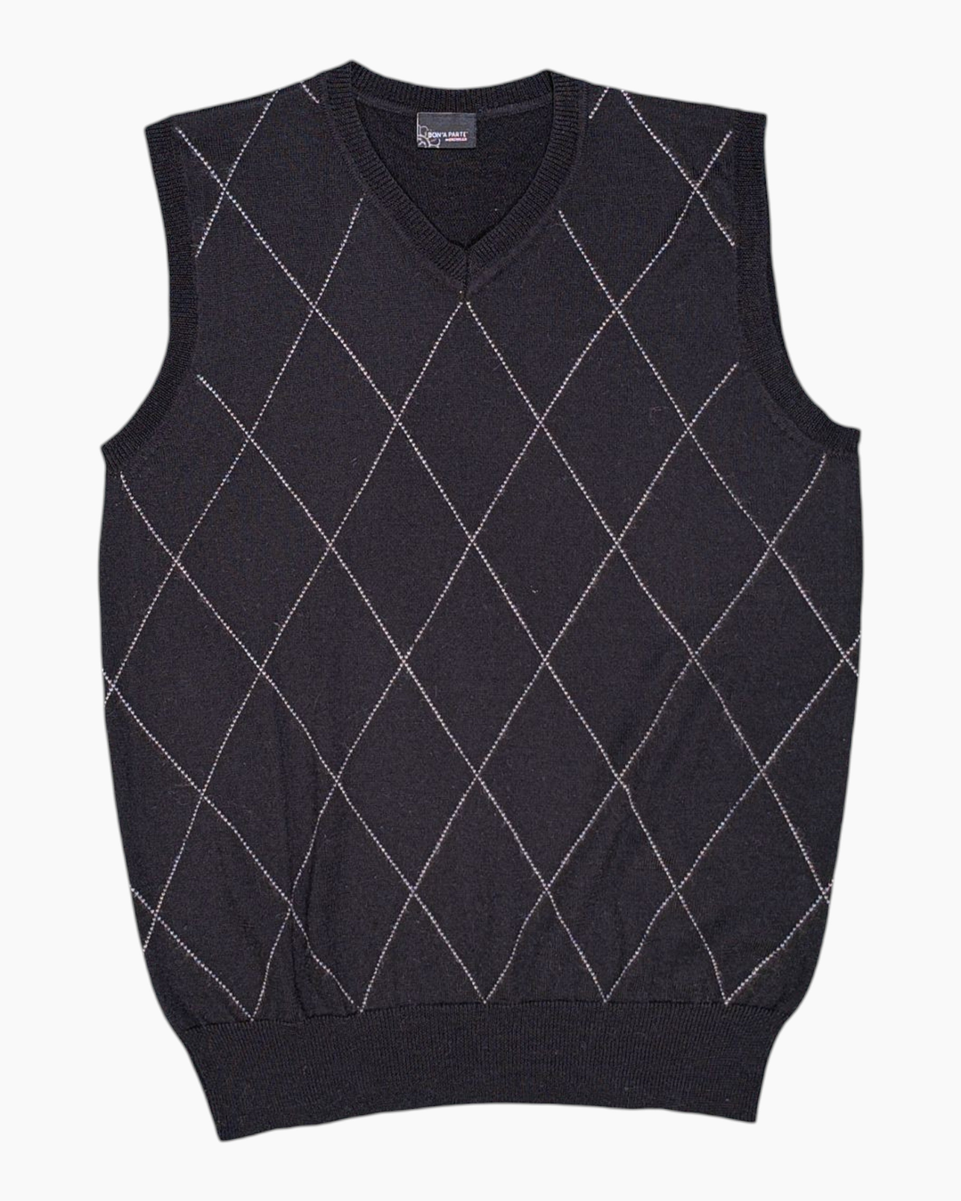 Front Pre-owned BON'A PARTE Sleeveless Sweater Vest – Black Argyle