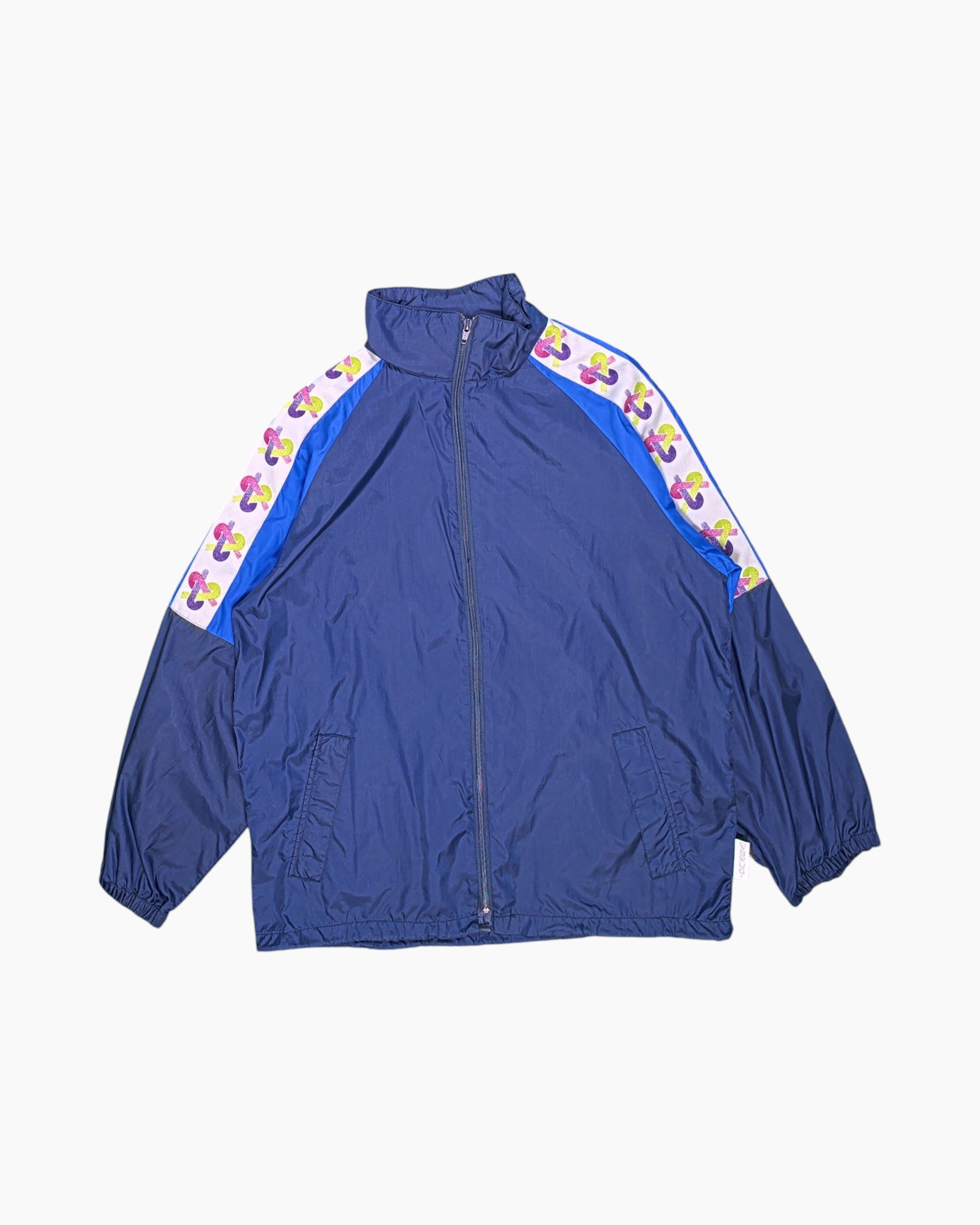 Front Vintage 80s/90s BRUGI Windbreaker Jacket – Navy Colorblock with Striped Tape