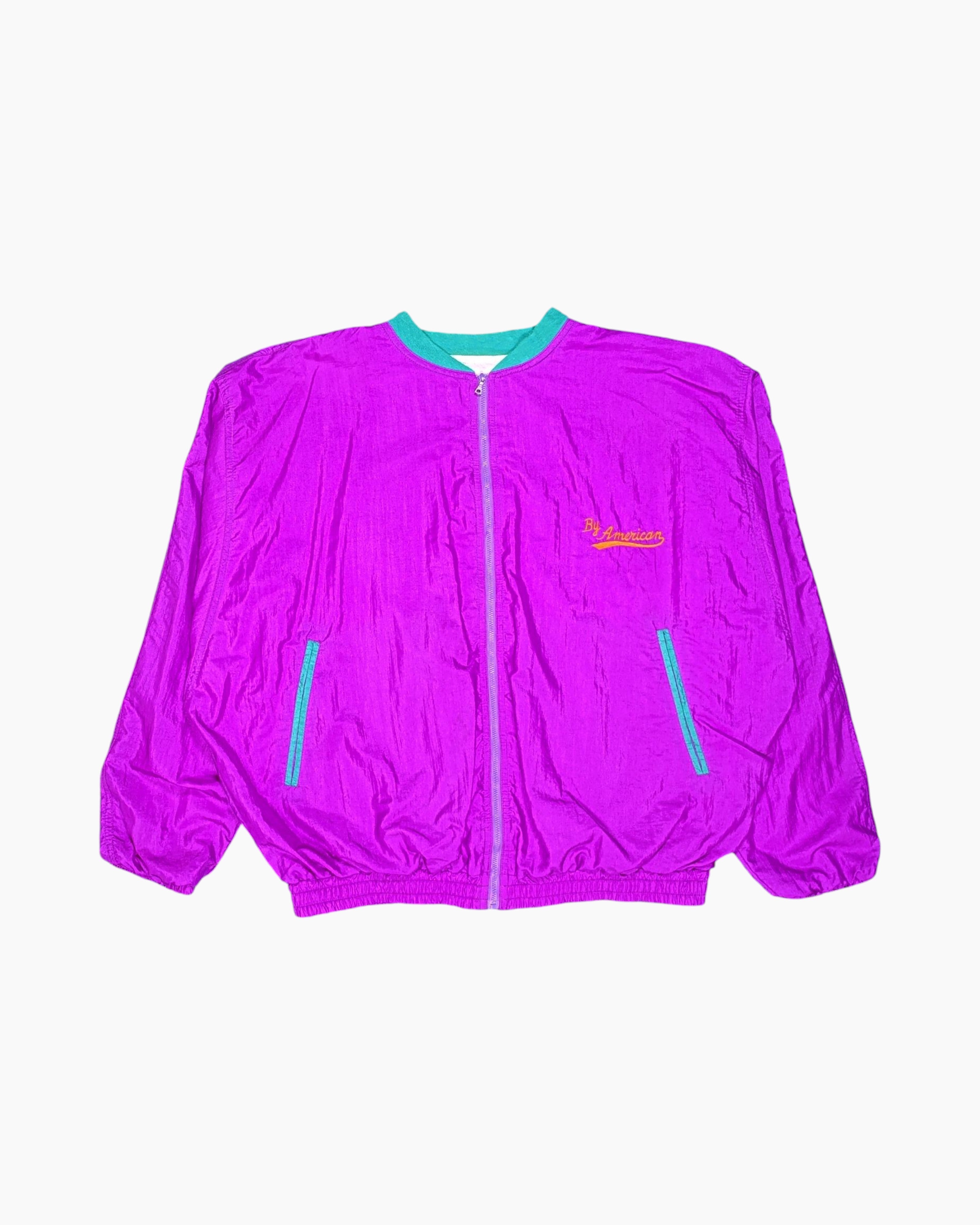 Front Vintage 80s/90s By American Windbreaker Jacket – Neon Purple with Varsity Graphic