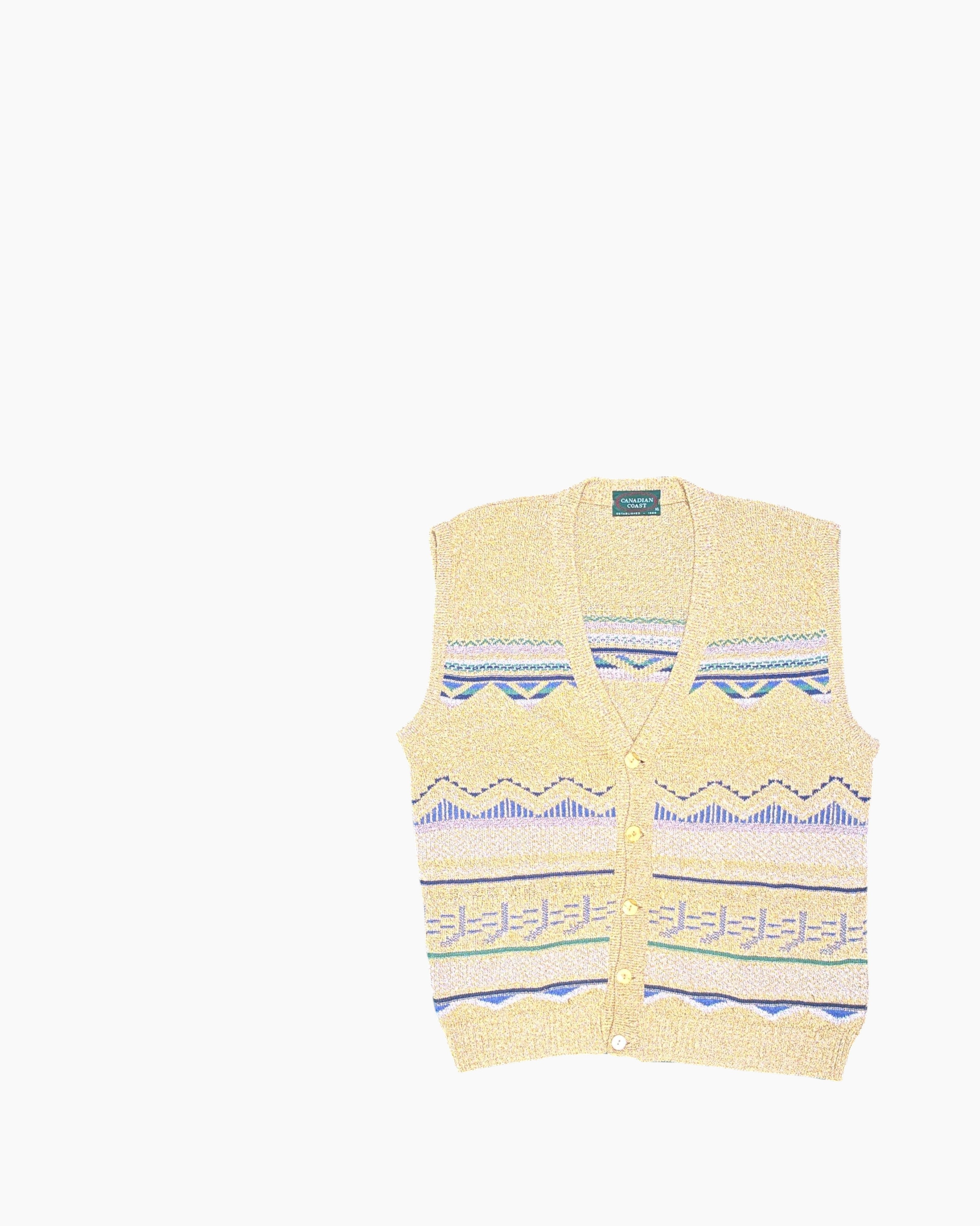 Front Vintage 90s CANADIAN COAST Button-Front Knit Vest – Multicolor Jacquard