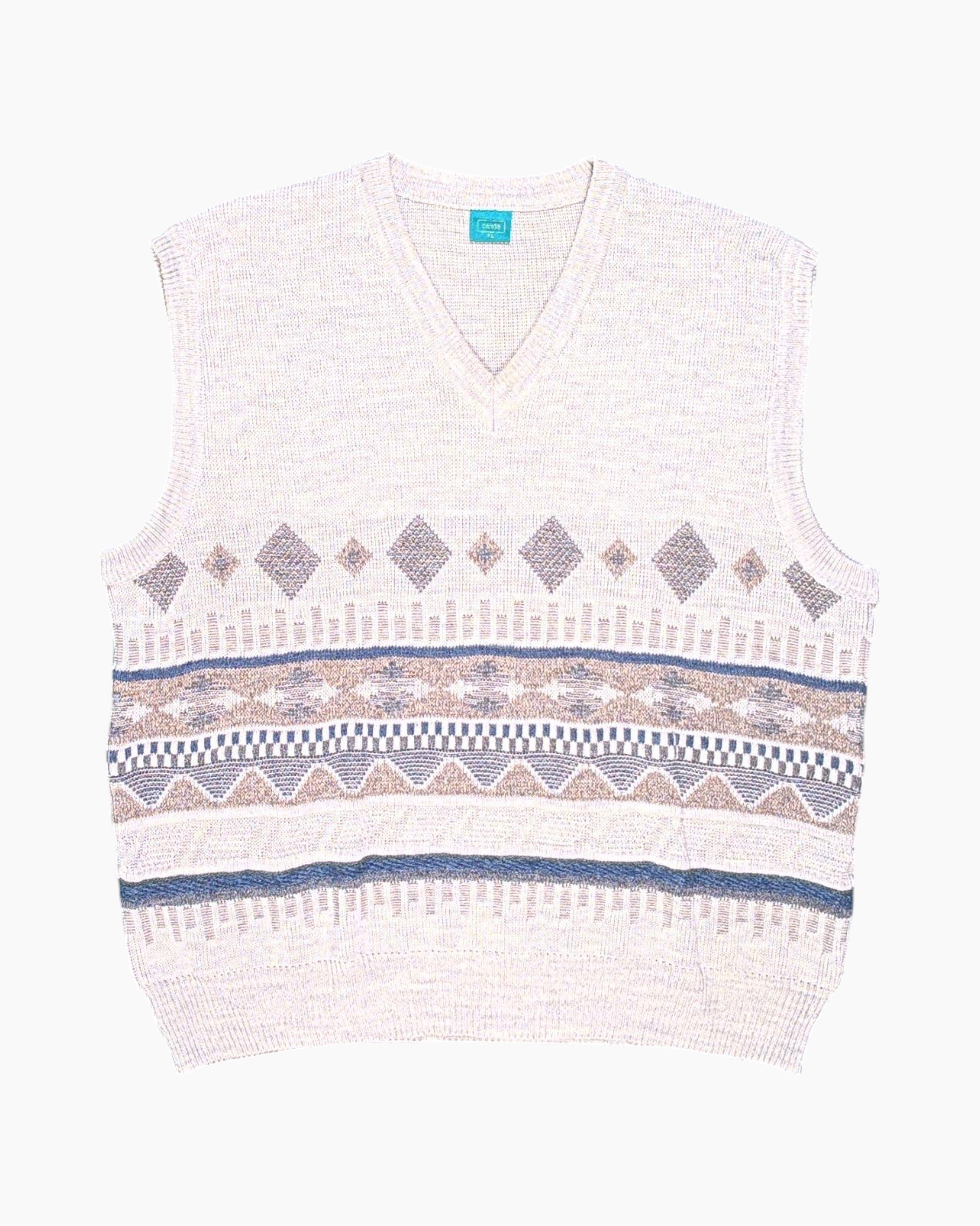 Front Vintage 80s/90s canda Sweater Vest – Beige Jacquard Geometric