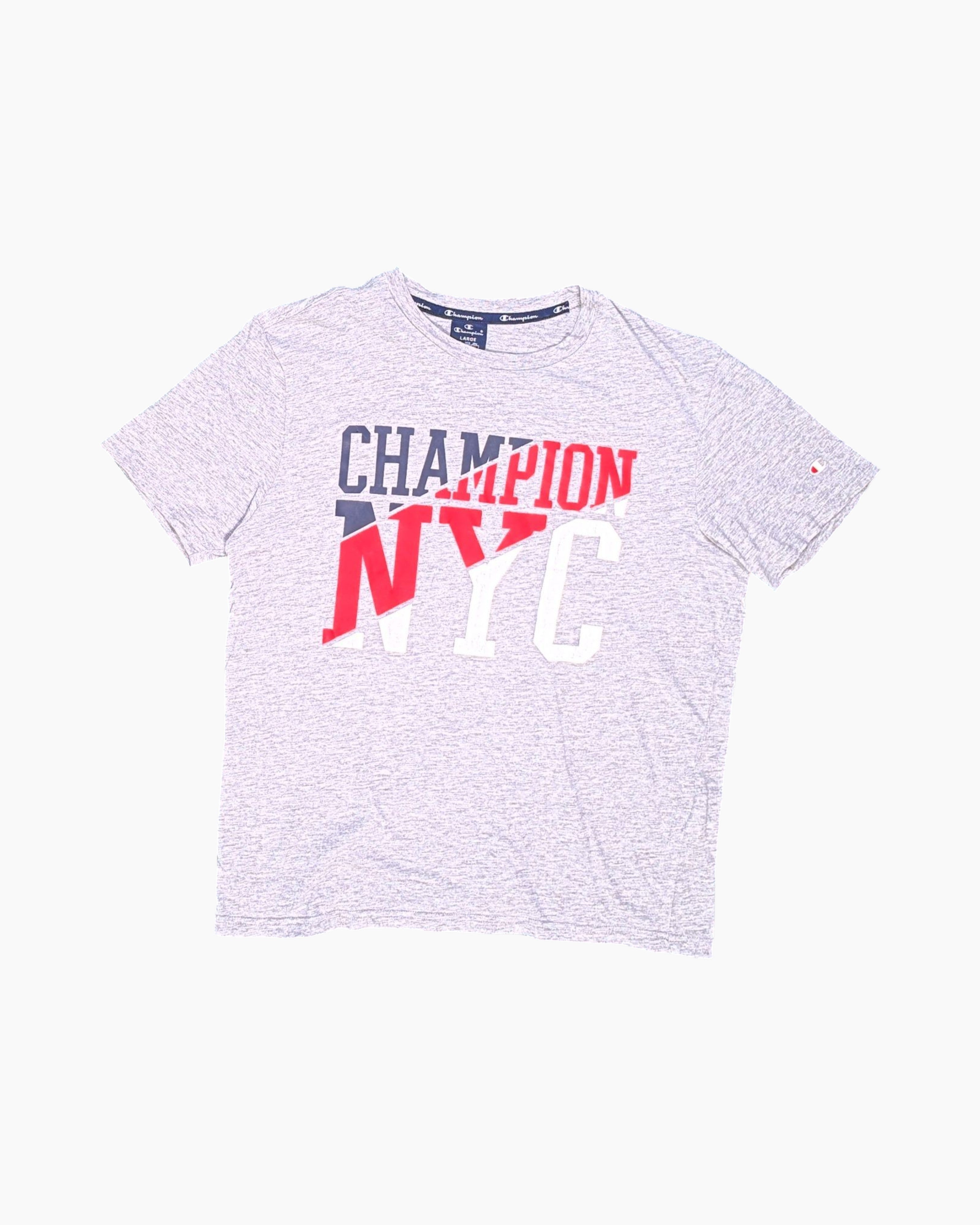 Front Pre-owned Champion Graphic T-Shirt – Gray Front Print
