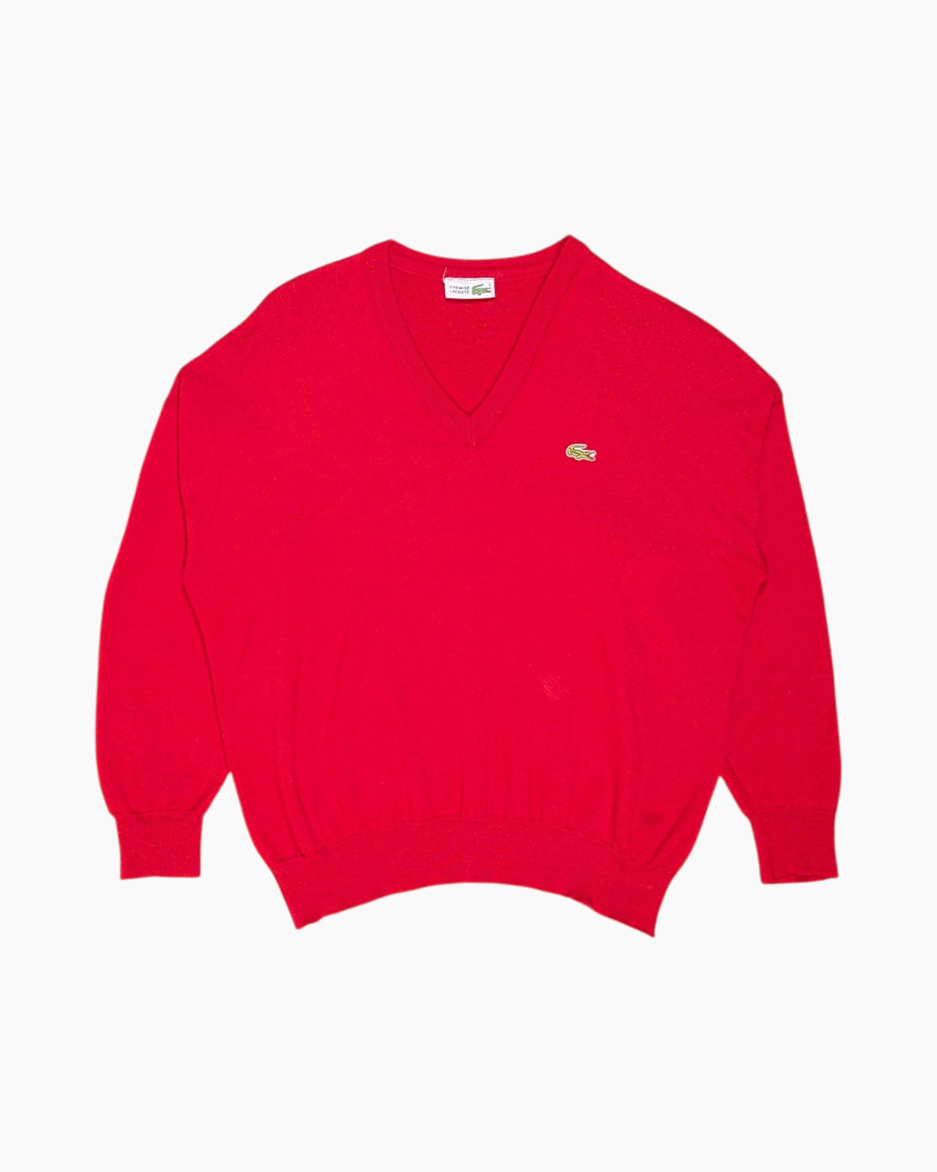 Front Vintage 70s/80s CHEMISE LACOSTE Pullover Sweater – Red V‑neck Crocodile
