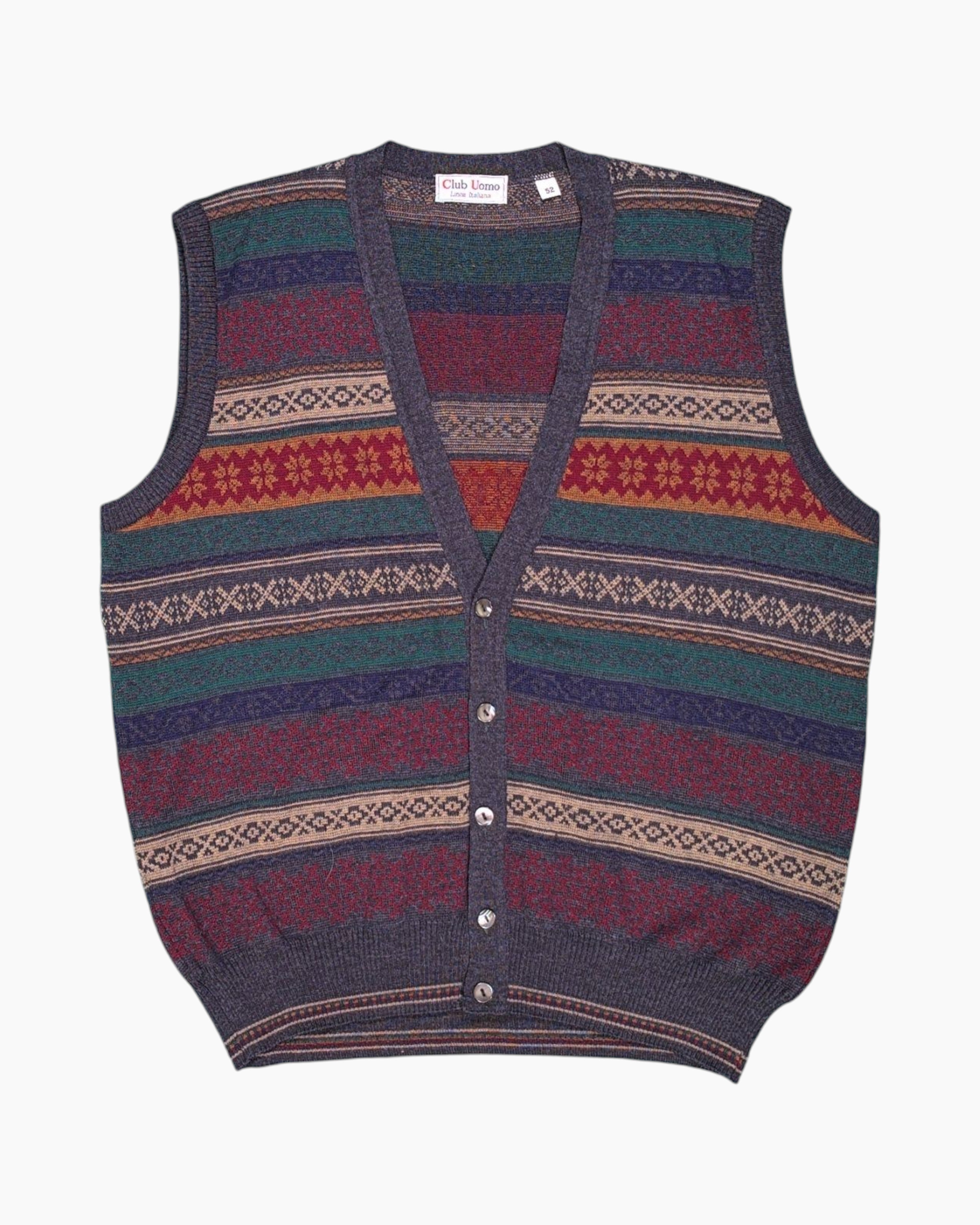 Front Vintage 80s/90s Club Uomo Button-Down Vest (Knit) – Multicolor Jacquard