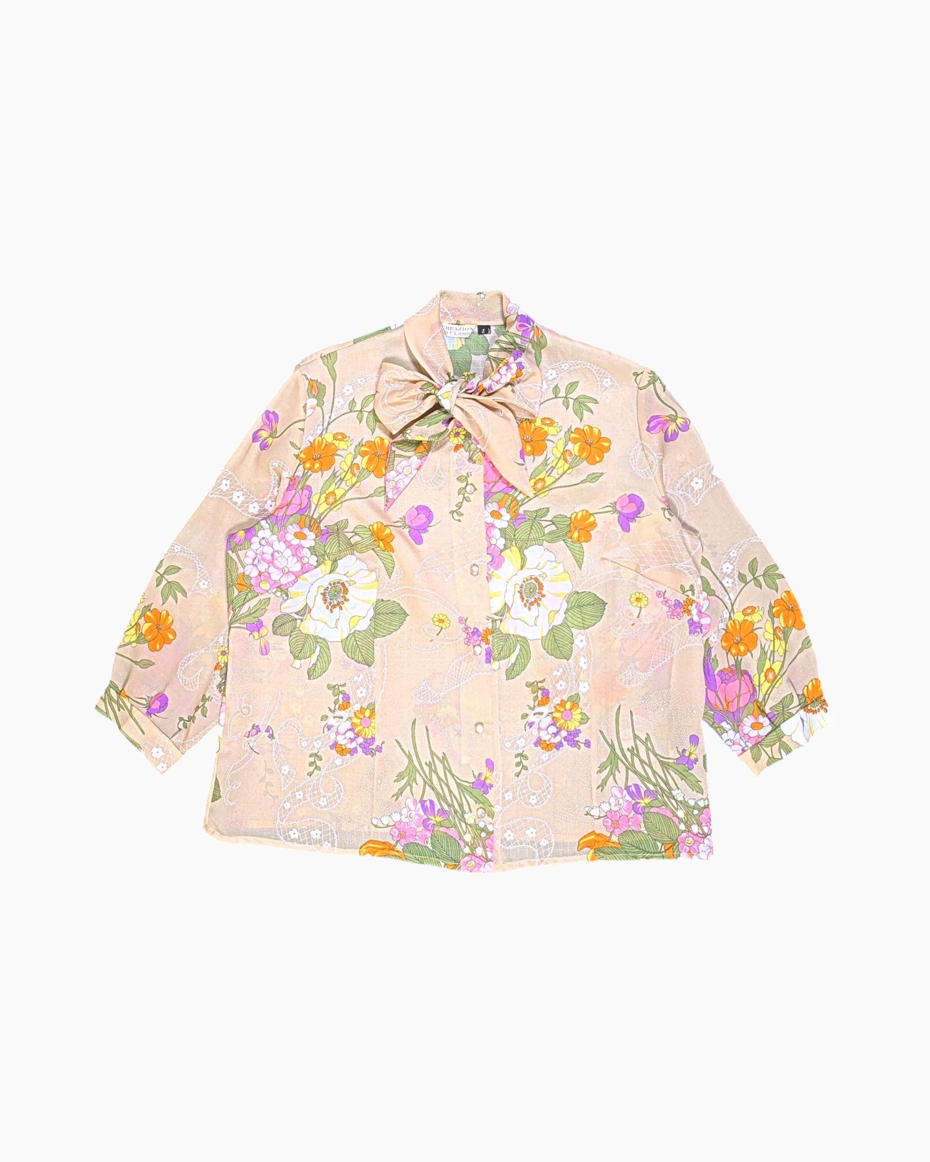 Front Vintage 70s CREAZIONI I CLASSI Button-Down Shirt – Floral Pussy-Bow