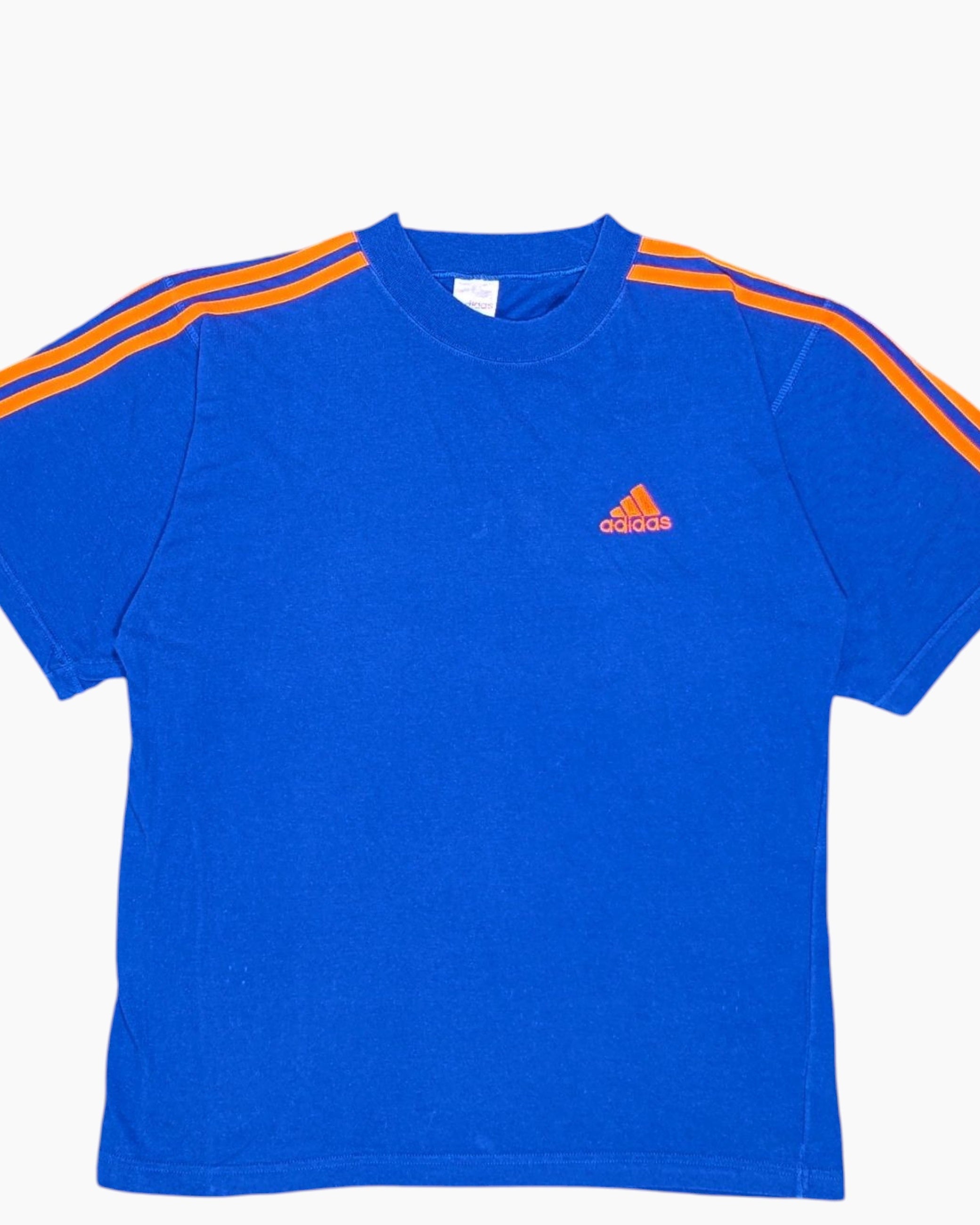 Front-detail-1 Vintage 80s/90s adidas Graphic T-Shirt – Blue three-stripe detail