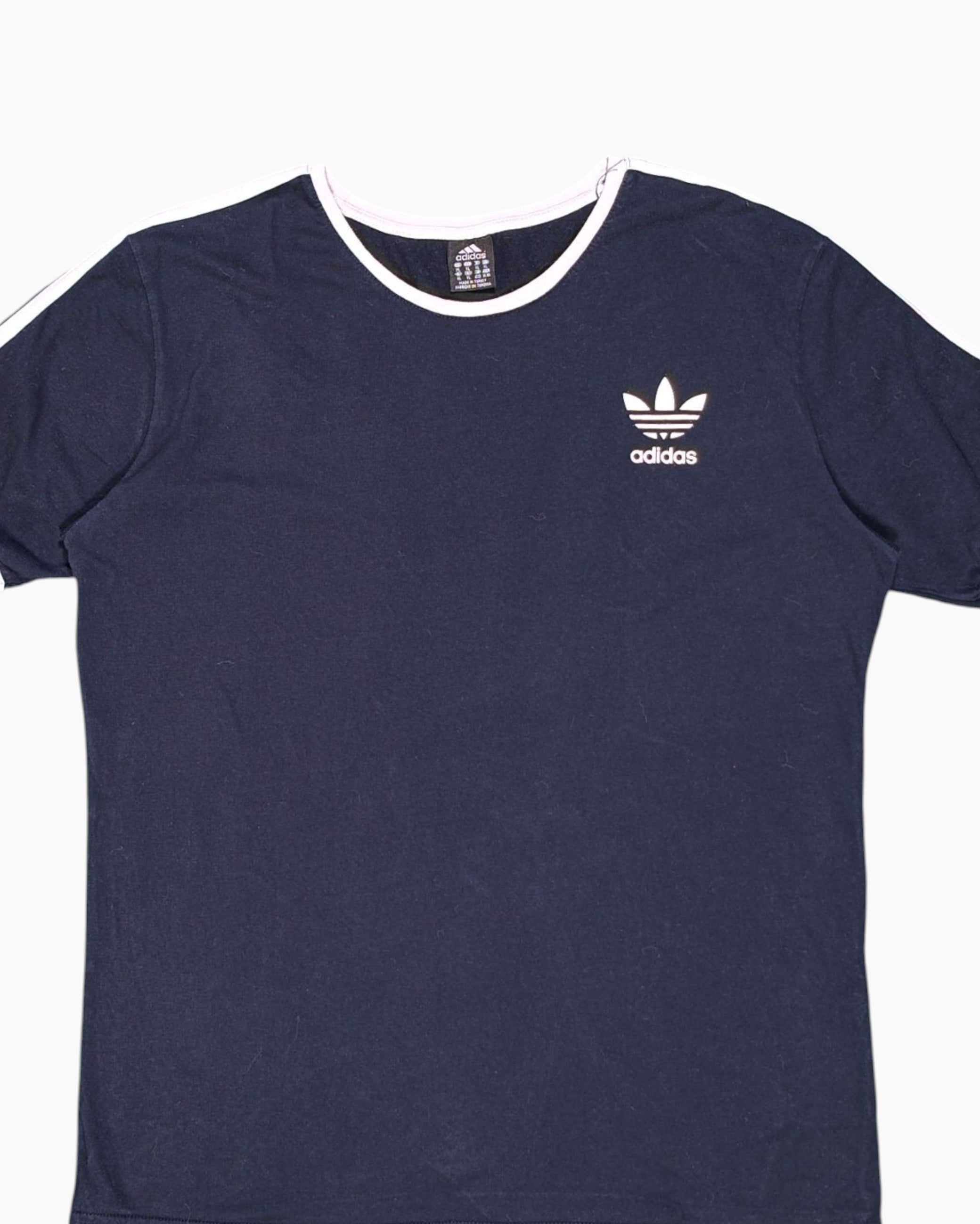 Front-detail-1 Pre-owned adidas Graphic T-Shirt – Navy Chest Logo & Stripes