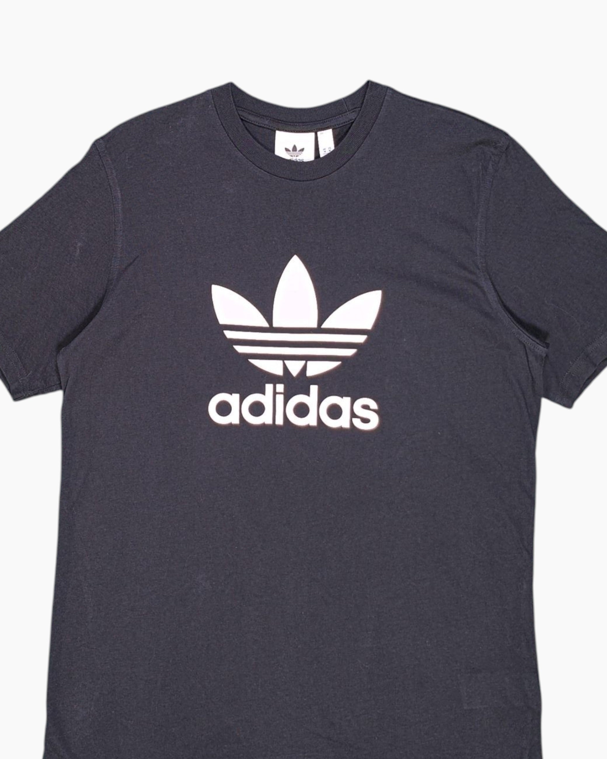Front-detail-1 Pre-owned adidas Graphic T-Shirt – Black Vertical Trefoil Wordmark