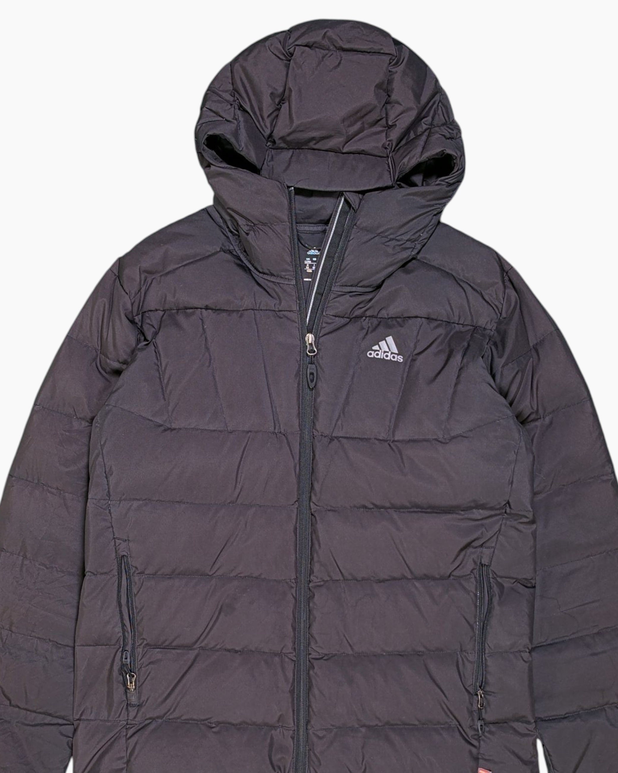 Front-detail-1 Pre-owned adidas Puffer Jacket – Black Quilted Hooded (Unisex, UK 42/44)