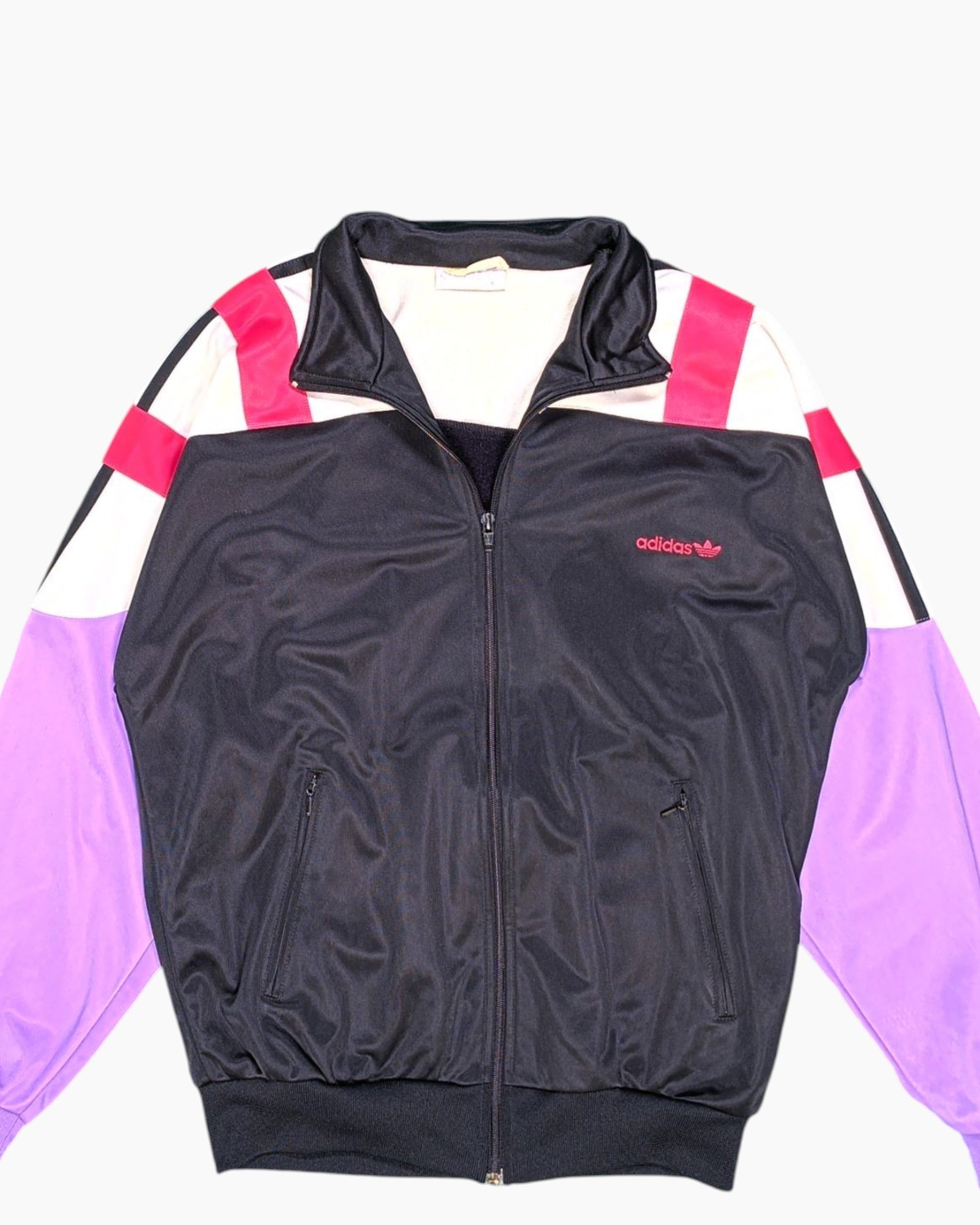 Front-detail-1 Vintage 80s/90s adidas Track Jacket – Black with Geometric Color‑block