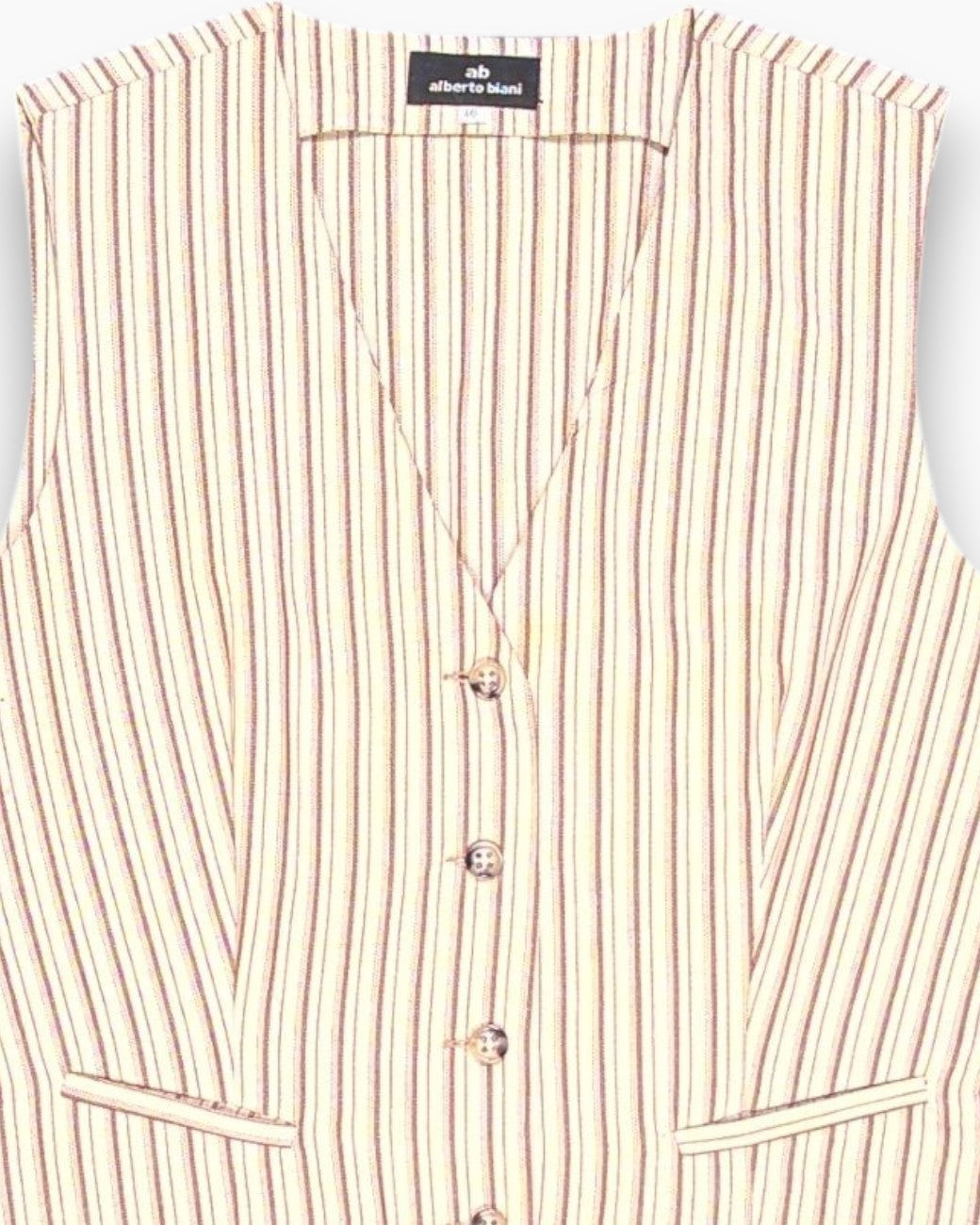 Front-detail-1 Vintage Y2K alberto biani Sleeveless Button-Up Top – Taupe Striped