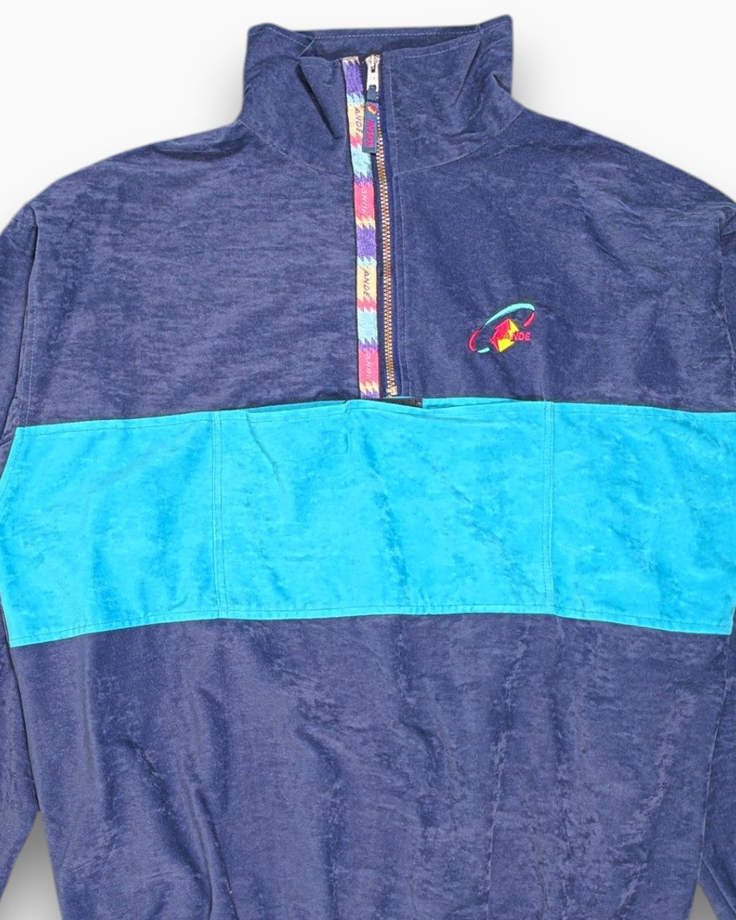 Front-detail-1 Vintage 80s/90s ANDE LEISURE LINE Pullover Sweater – Blue Turquoise Panel