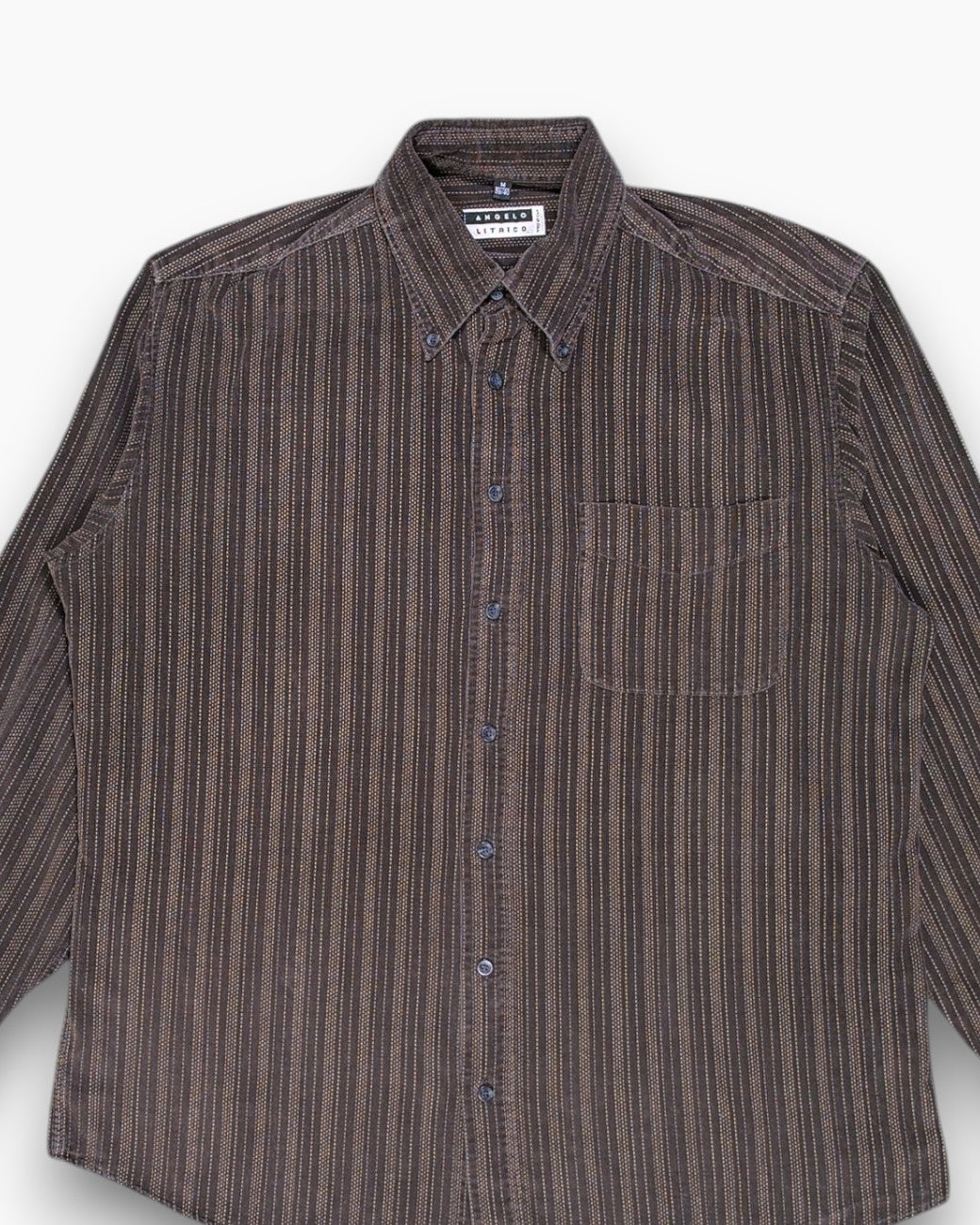 Front-detail-1 Vintage 90s ANGELO LITRICO Button-Down Shirt – Brown Micro-Stripe