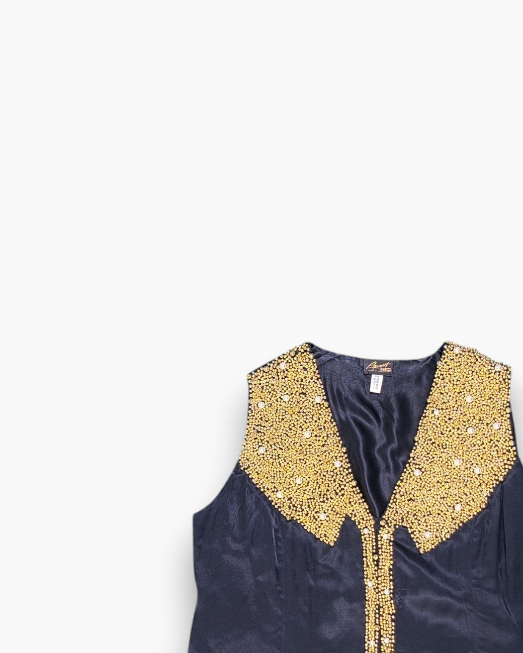 Front-detail-1 Vintage 80s/90s Aport FASHION Embellished Vest – Black Beaded Pearl Trim