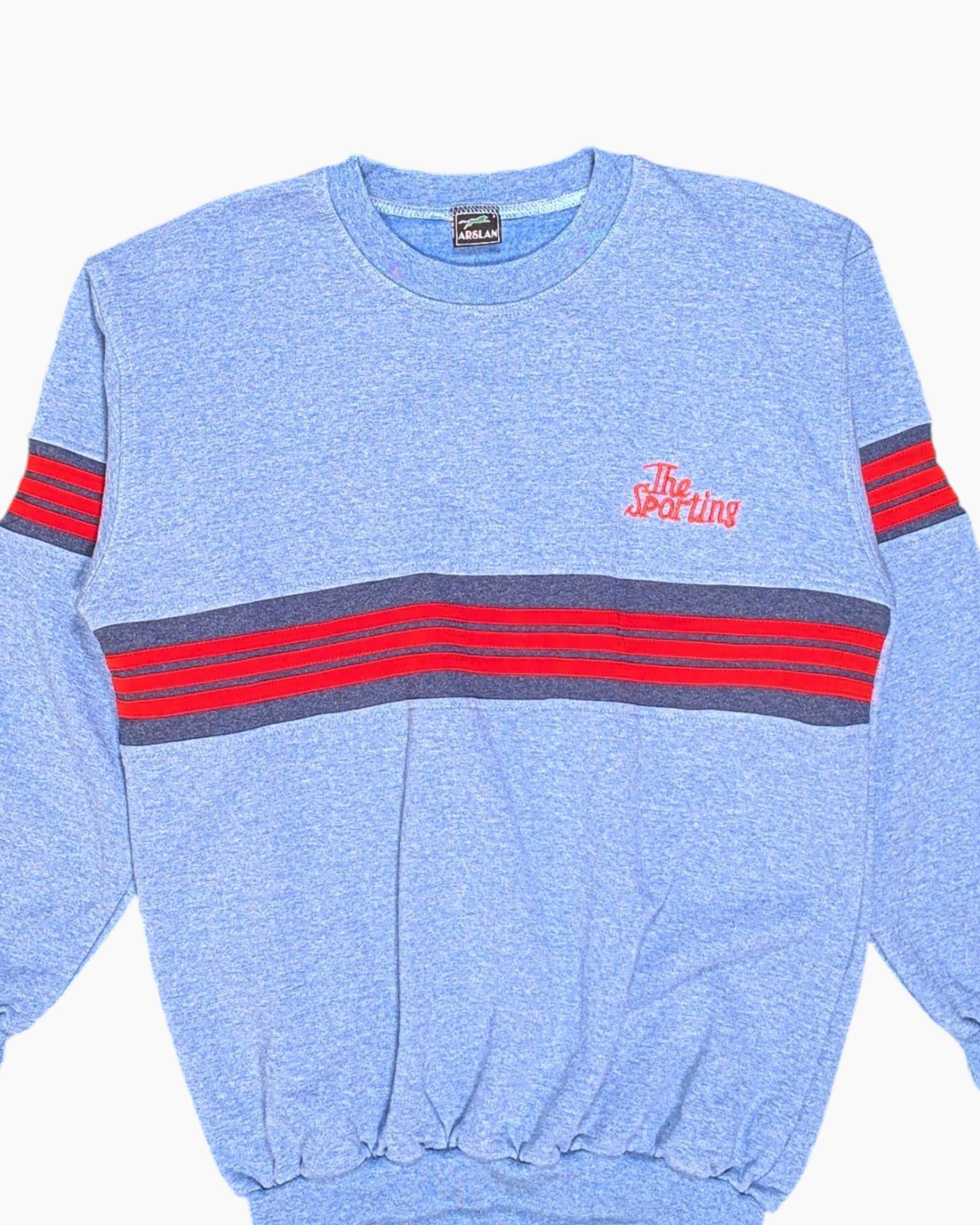 Front-detail-1 Vintage 80s ARSLAN Pullover Sweater – Blue Striped Athletic