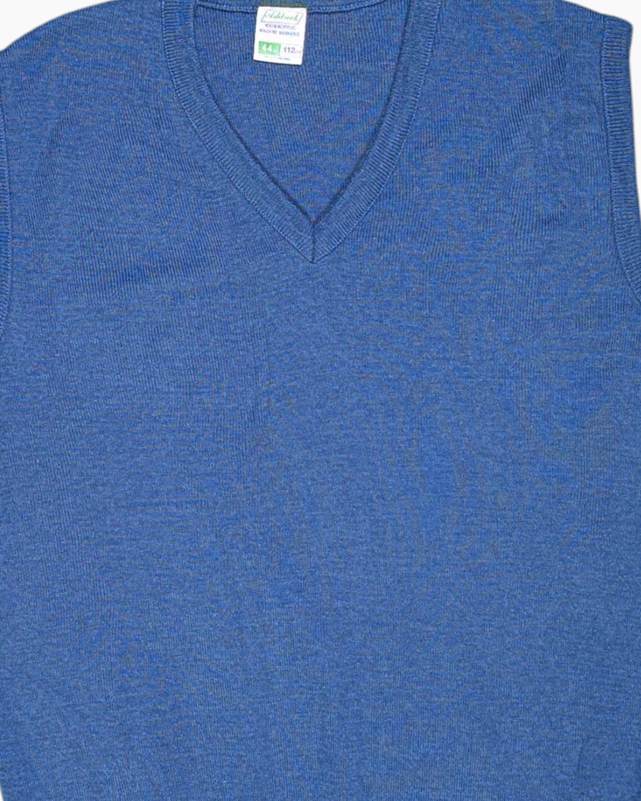 Front-detail-1 Vintage 80s/90s Ashbrook Sweater Vest – Blue V‑Neck Ribbed Hem