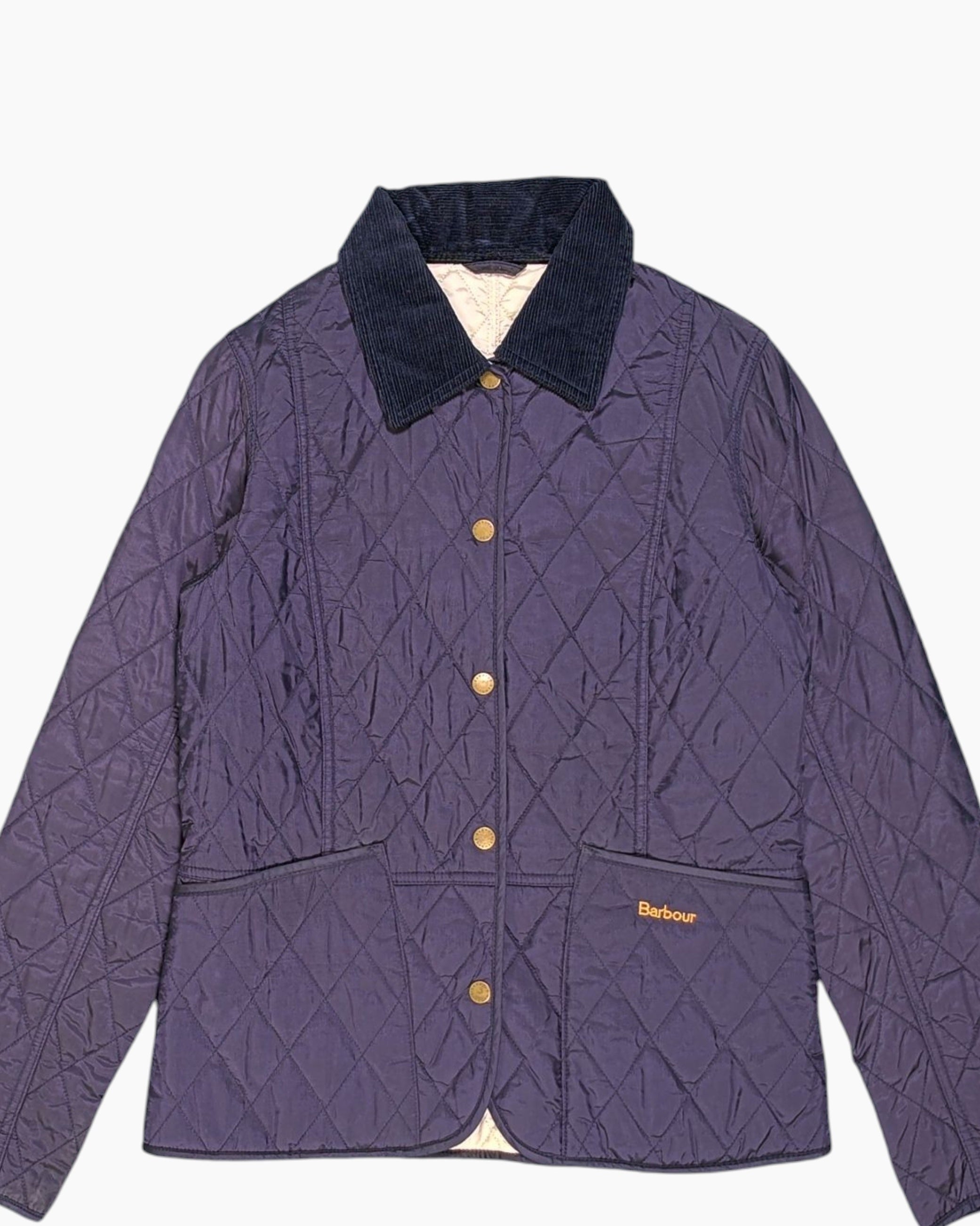Front-detail-1 Vintage 90s/2000s Barbour Quilted Jacket – Navy Diamond Quilt