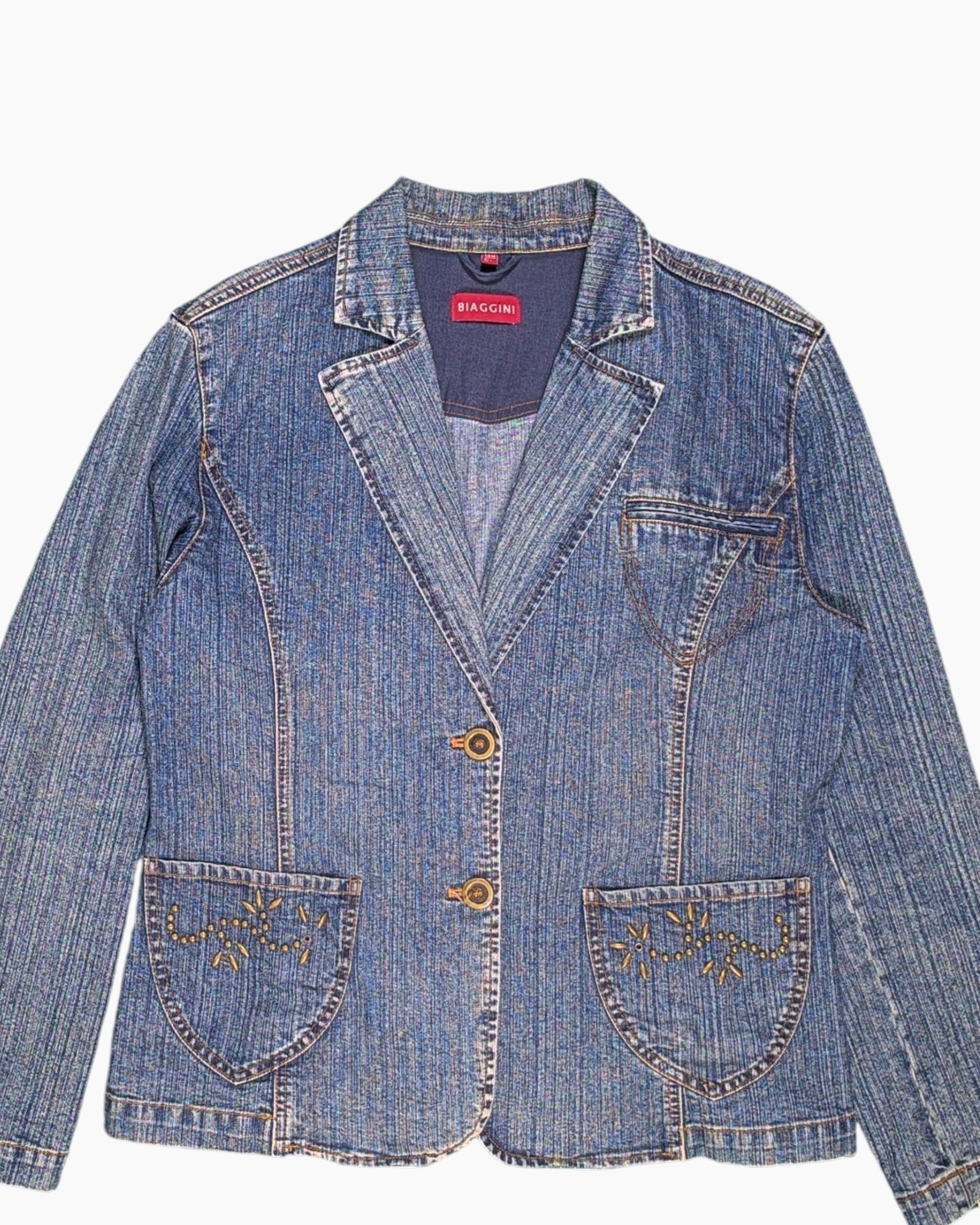 Front-detail-1 Vintage Y2K BIAGGINI Denim Jacket – Blue with Studded Patch Pockets