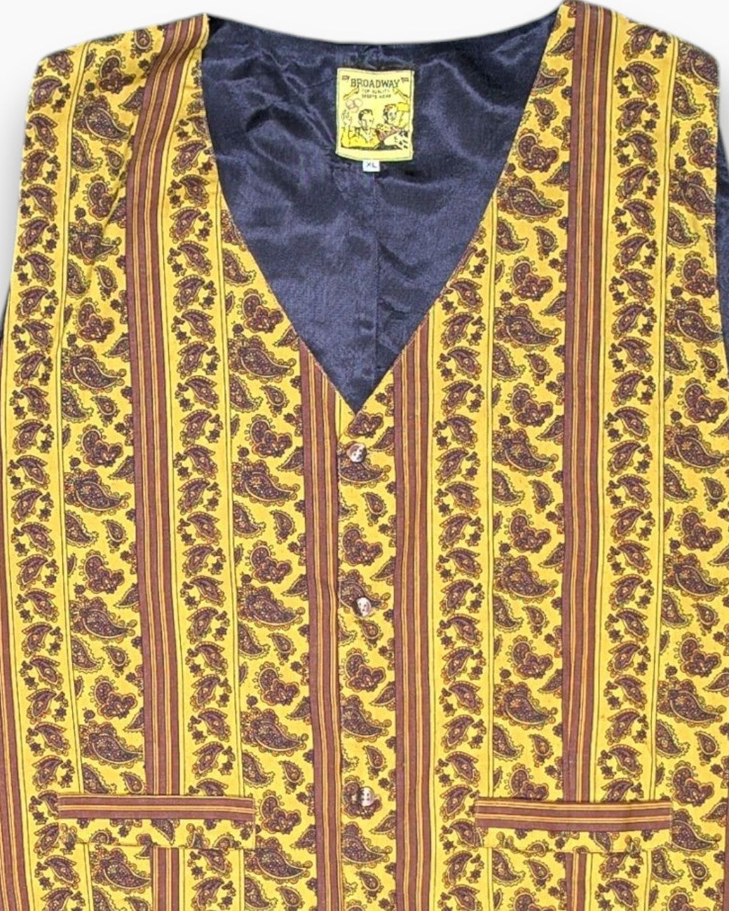 Front-detail-1 Vintage 80s/90s BROADWAY Vest – Mustard Paisley-Stripe