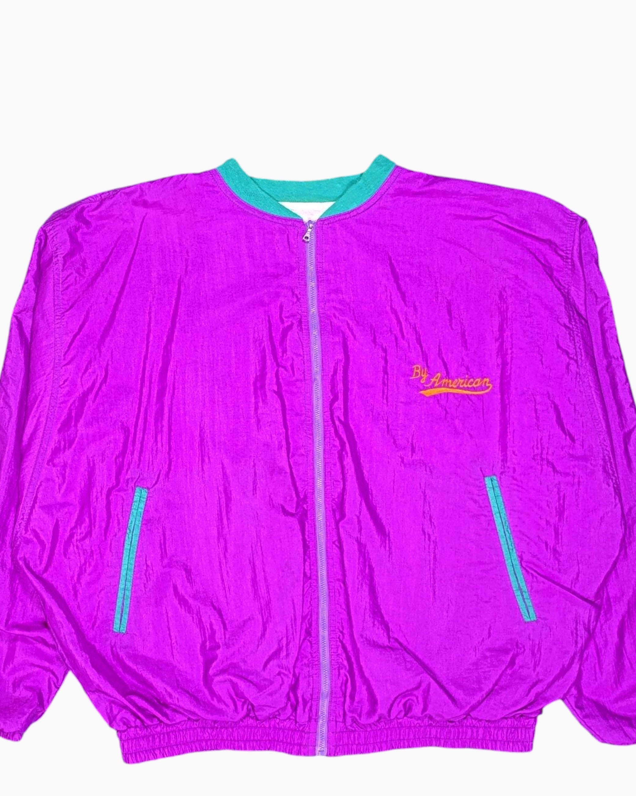 Front-detail-1 Vintage 80s/90s By American Windbreaker Jacket – Neon Purple with Varsity Graphic