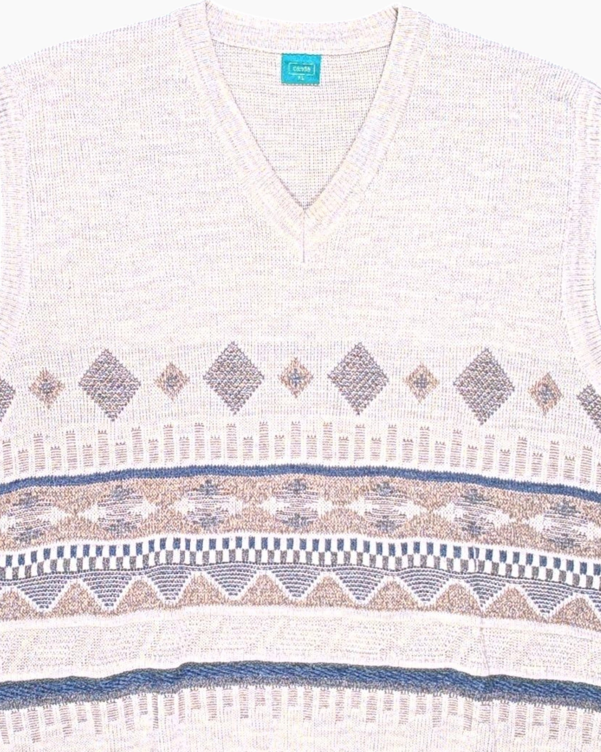 Front-detail-1 Vintage 80s/90s canda Sweater Vest – Beige Jacquard Geometric