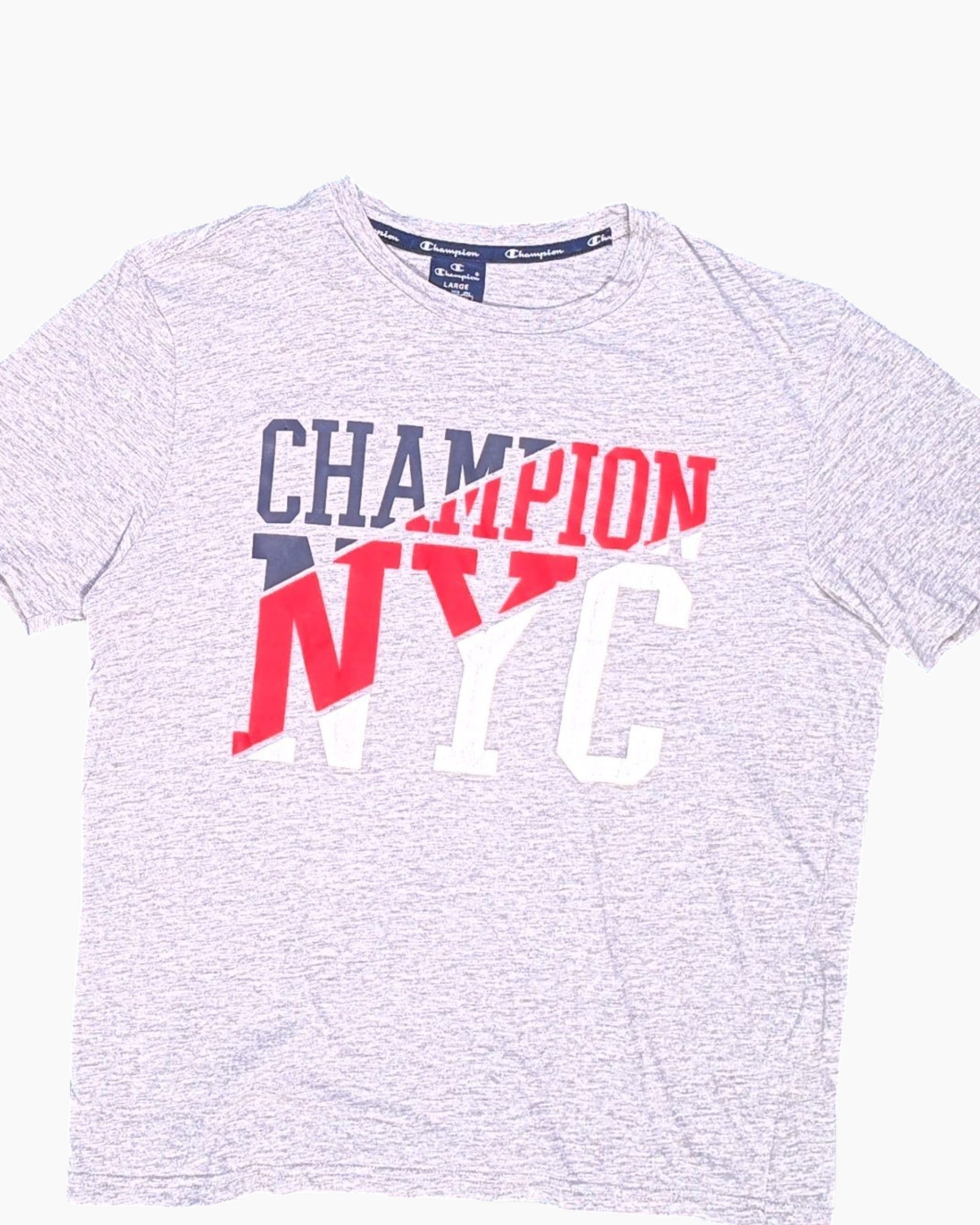 Front-detail-1 Pre-owned Champion Graphic T-Shirt – Gray Front Print