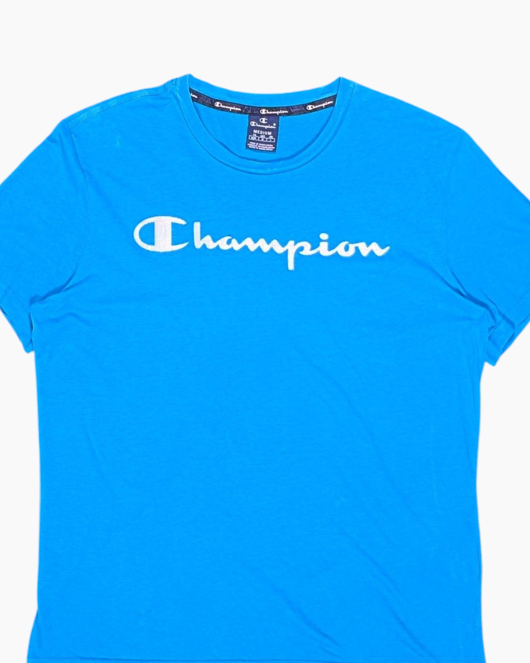 Front-detail-1 Pre-owned Champion Graphic T-Shirt – Blue Script Logo