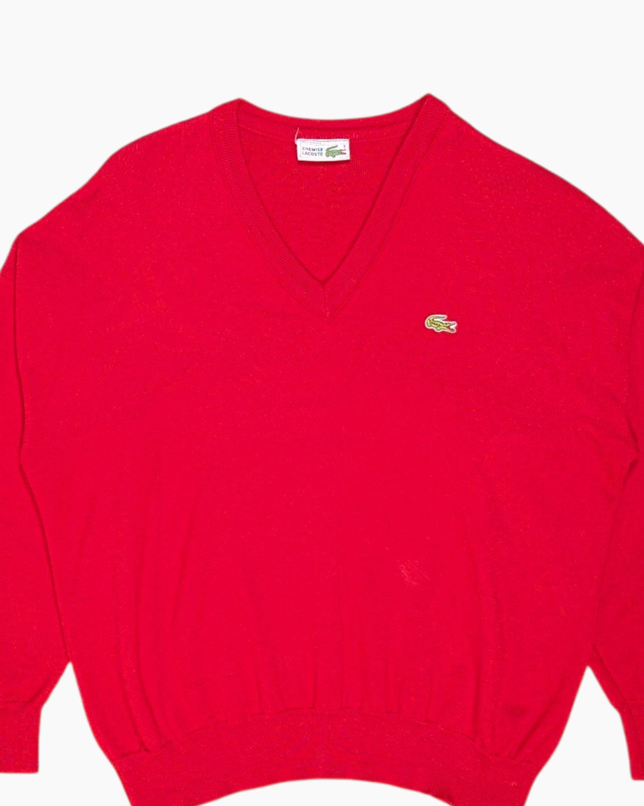 Front-detail-1 Vintage 70s/80s CHEMISE LACOSTE Pullover Sweater – Red V‑neck Crocodile