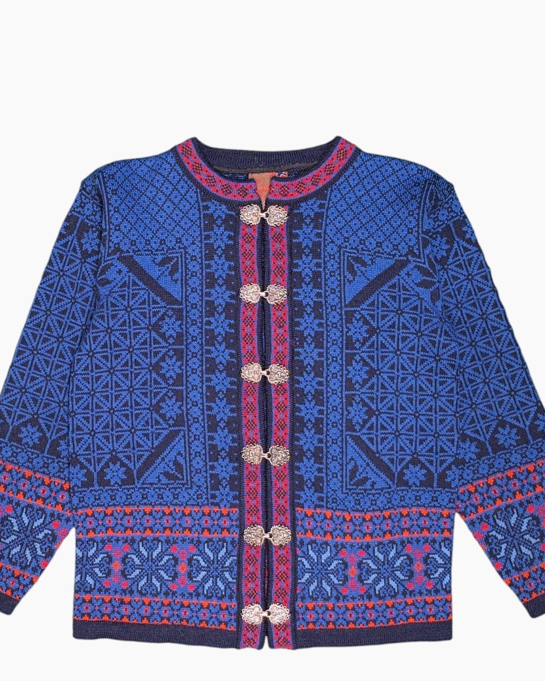 Front-detail-1 Vintage 80s/90s Christiania Sweaters Cardigan – Blue Jacquard (Preloved)