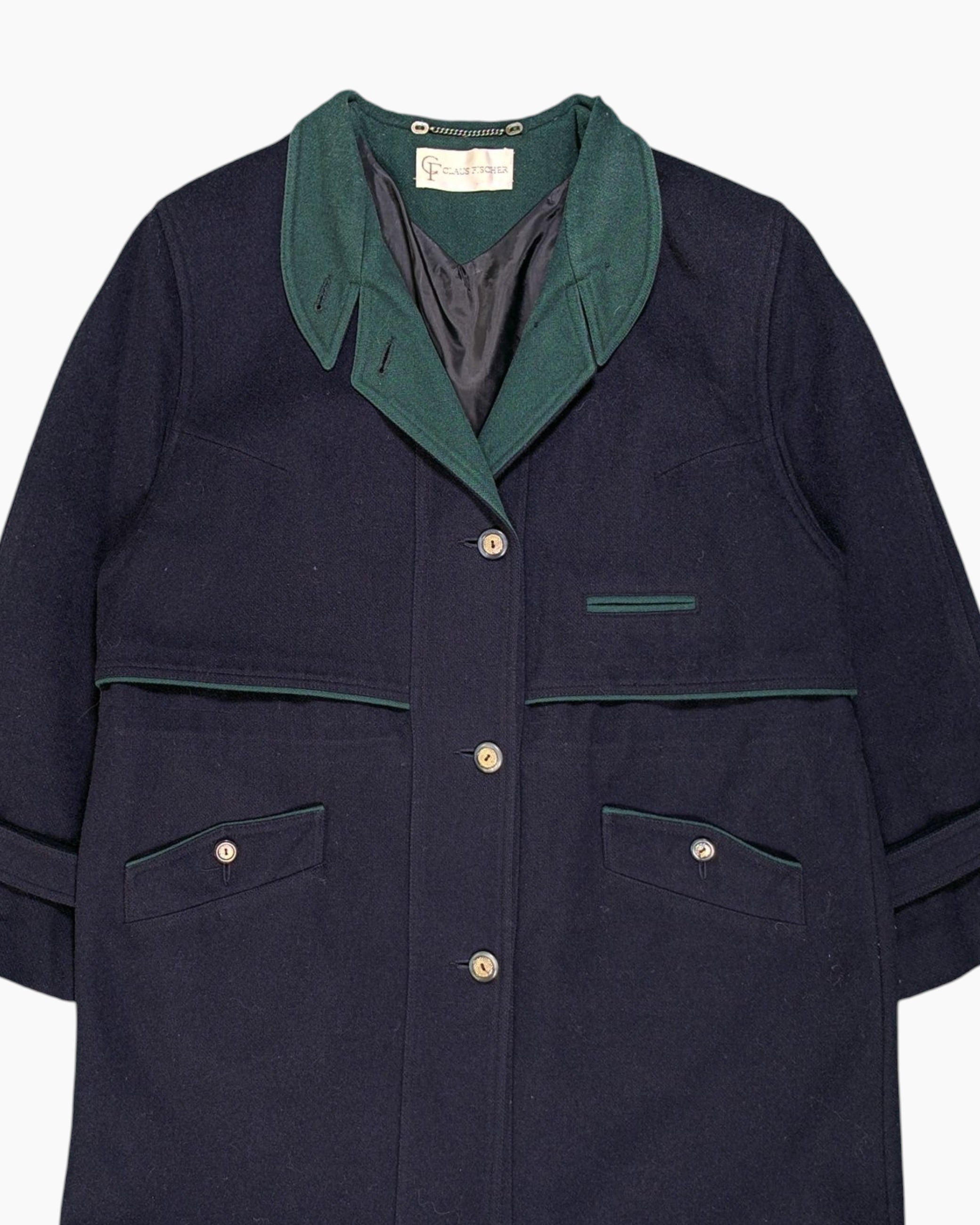 Front-detail-1 Vintage 80s/90s CLAUS FISCHER Wool Jacket – Navy with Green Collar