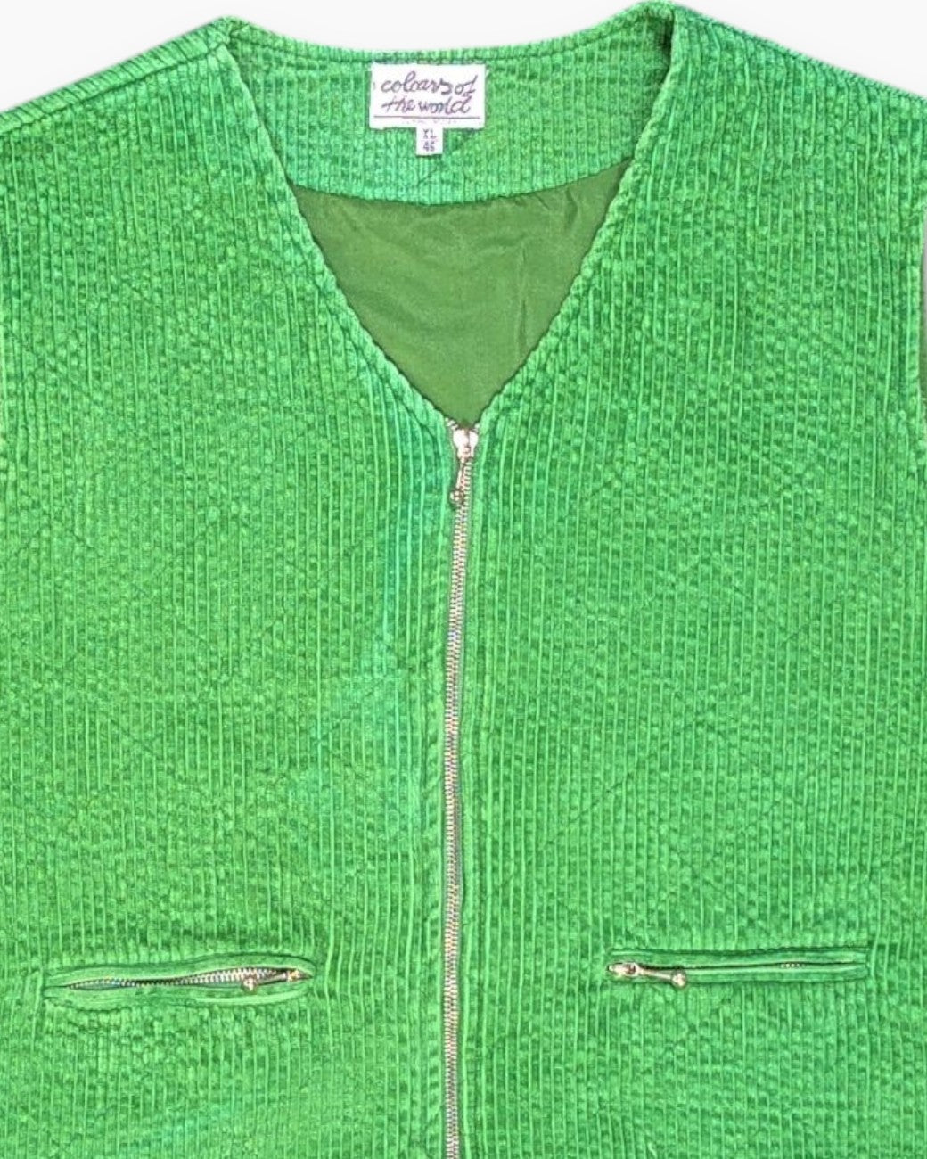 Front-detail-1 Vintage 90s colours of the world Vest – Green Cropped Chenille