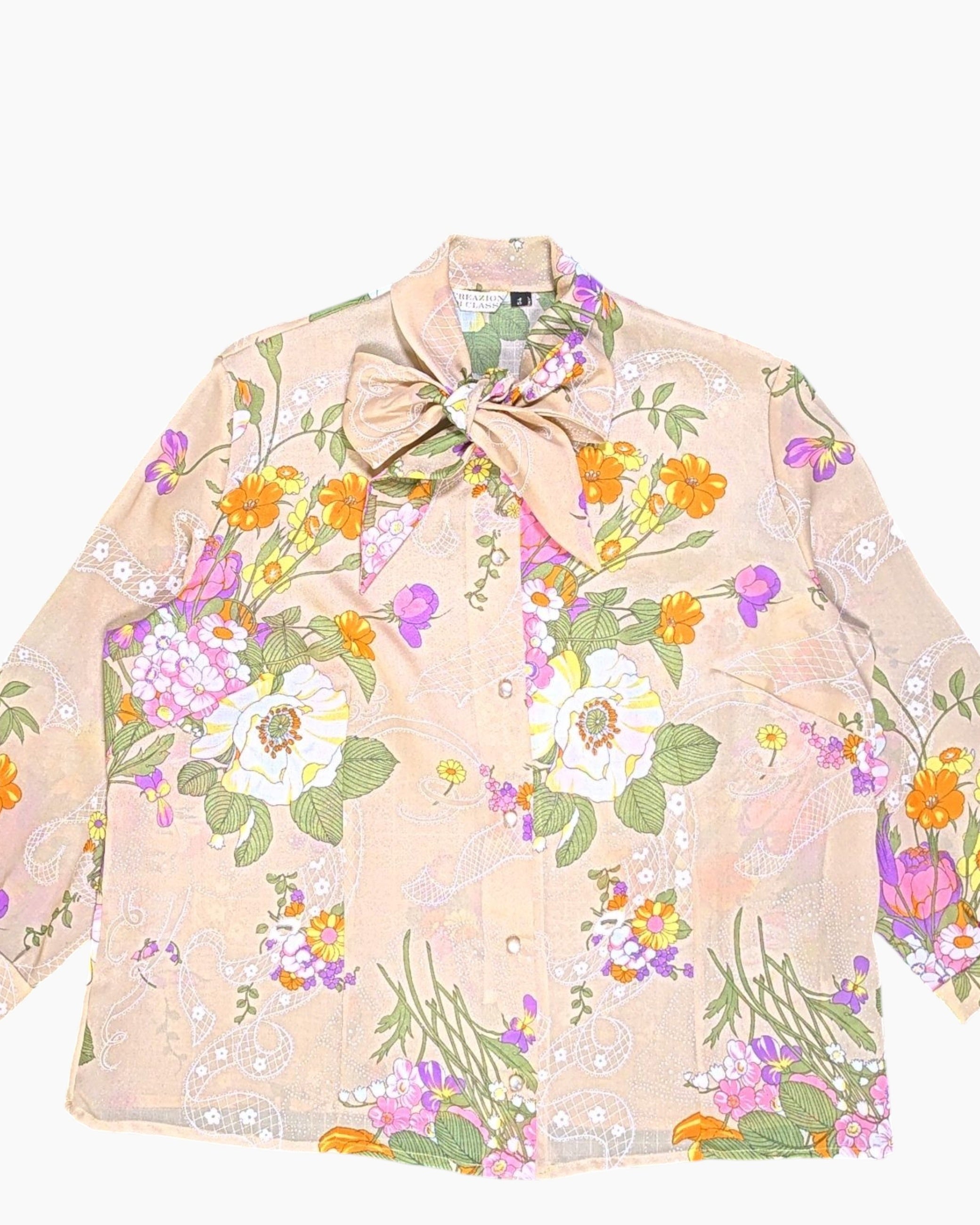 Front-detail-1 Vintage 70s CREAZIONI I CLASSI Button-Down Shirt – Floral Pussy-Bow