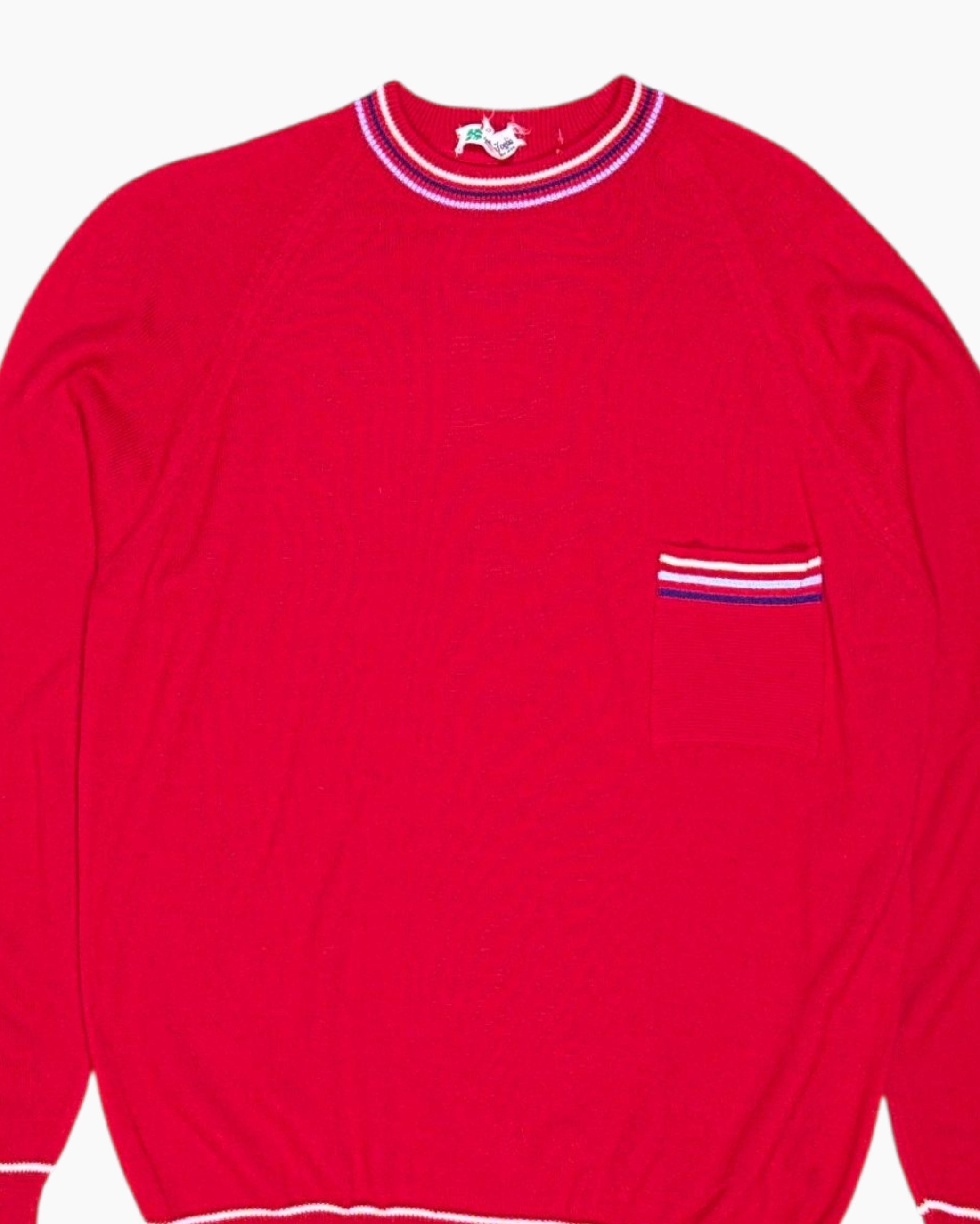 Front-detail-1 Vintage 70s/80s Creazioni Quadrifoglio Pullover Sweater – Red Striped Trim