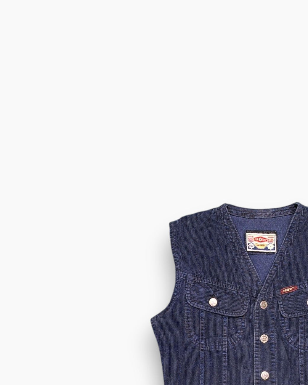 Front-detail-1 Vintage 80s/90s CROSS MARK Denim Vest – Stonewashed Indigo (Preloved)