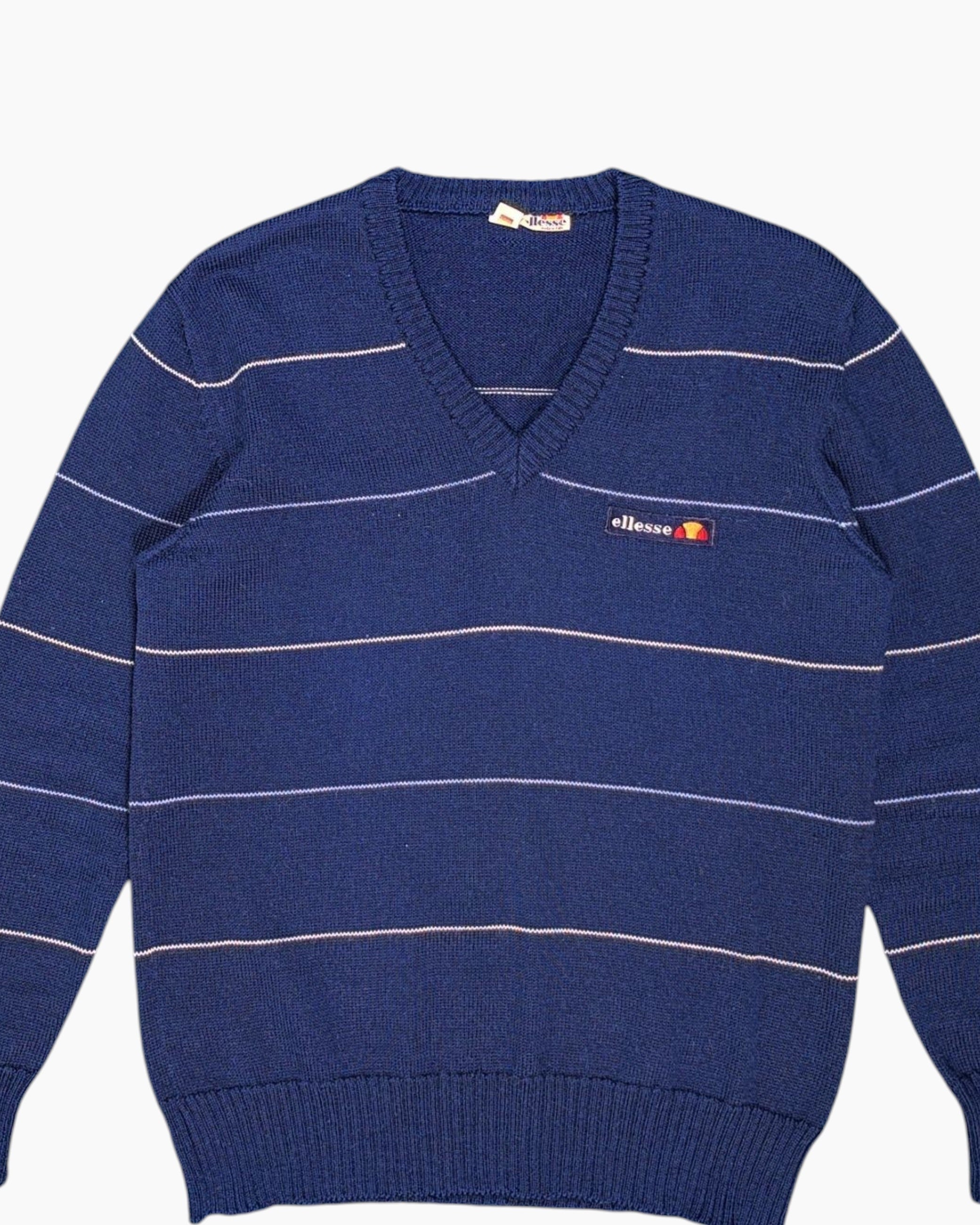Front-detail-1 Vintage 80s/90s ellesse Pullover Sweater – Navy Pinstripes