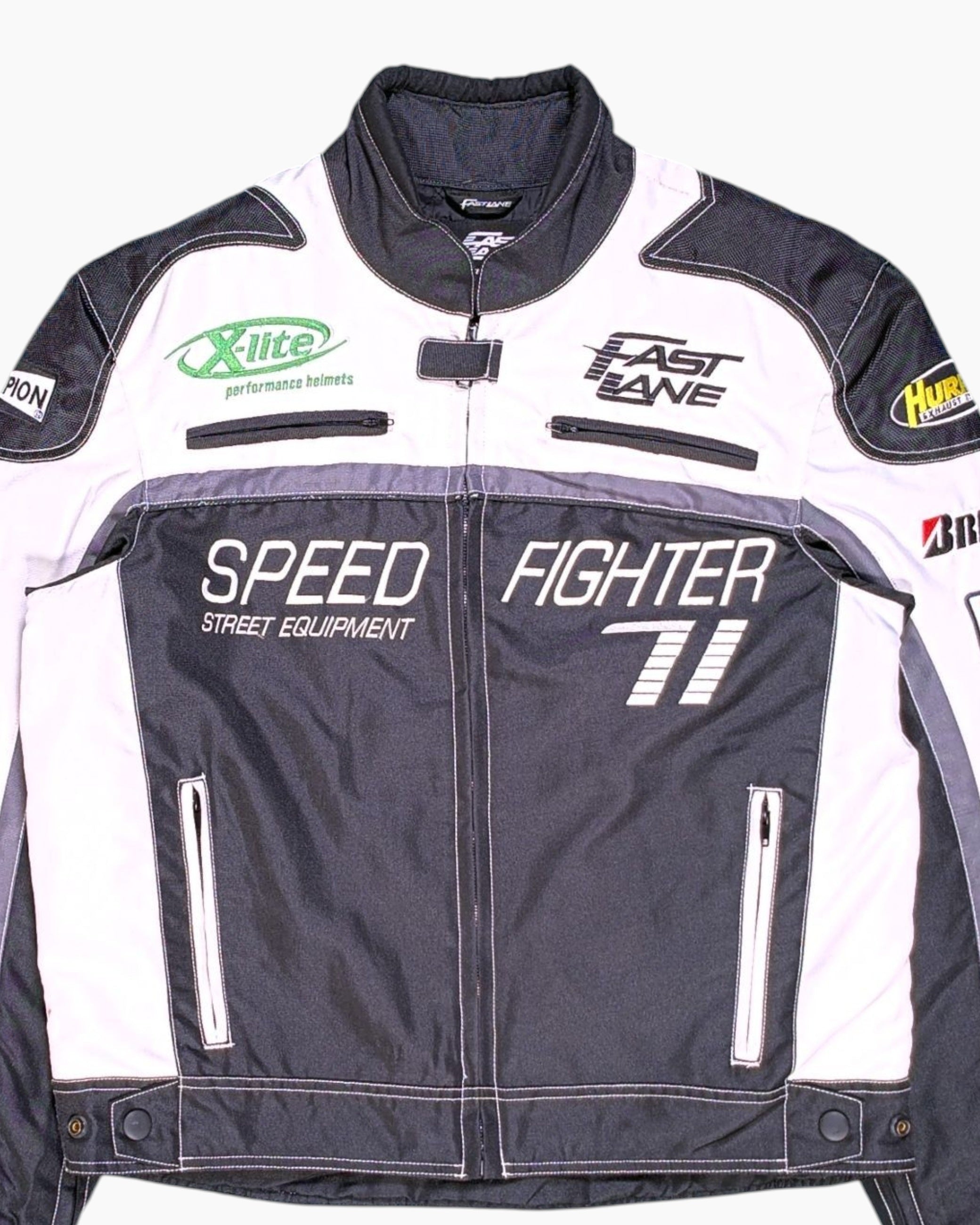 Front-detail-1 Vintage 2000s FAST LANE Motorcycle Jacket – Black Race Graphics