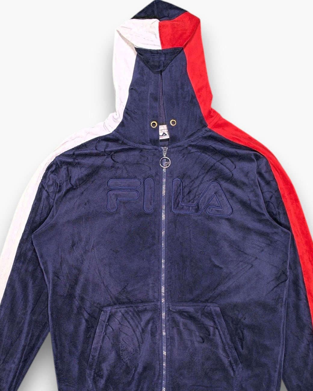 Front-detail-1 Pre-owned FILA Hooded Zip-Up Jacket – Navy colorblocked panels