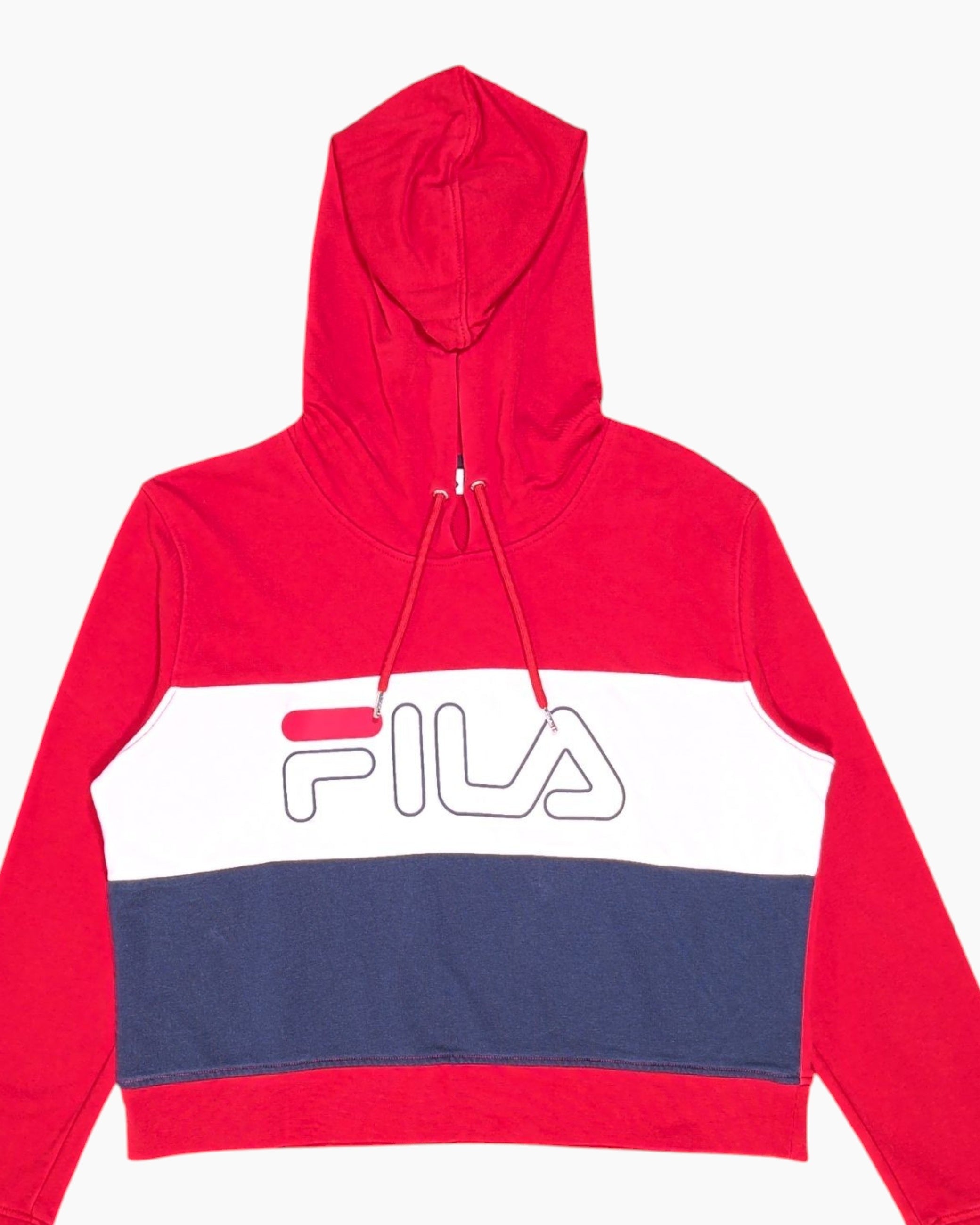 Front-detail-1 Pre-owned FILA Pullover Hoodie – Red with Front Logo Print
