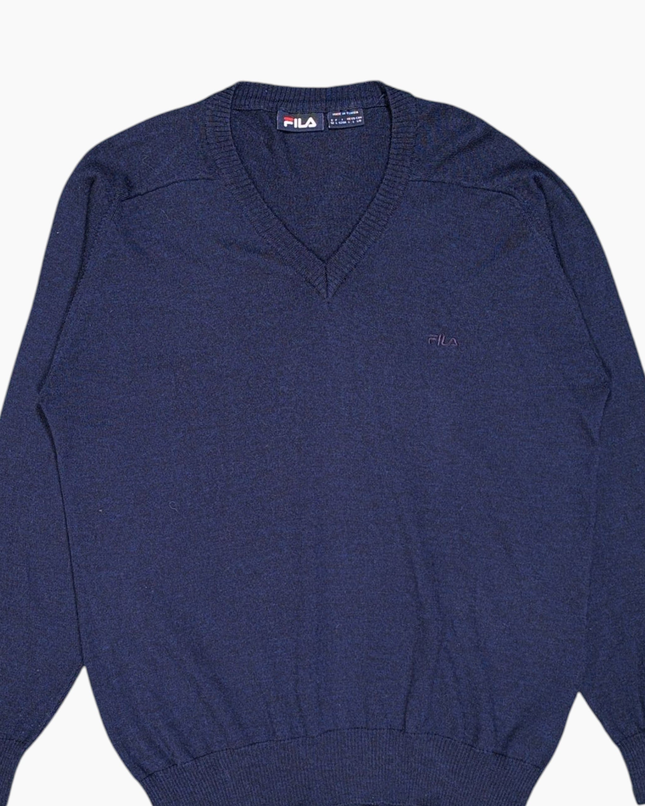 Front-detail-1 Pre-owned FILA Pullover Sweater – Navy V-neck with Embroidered Logo