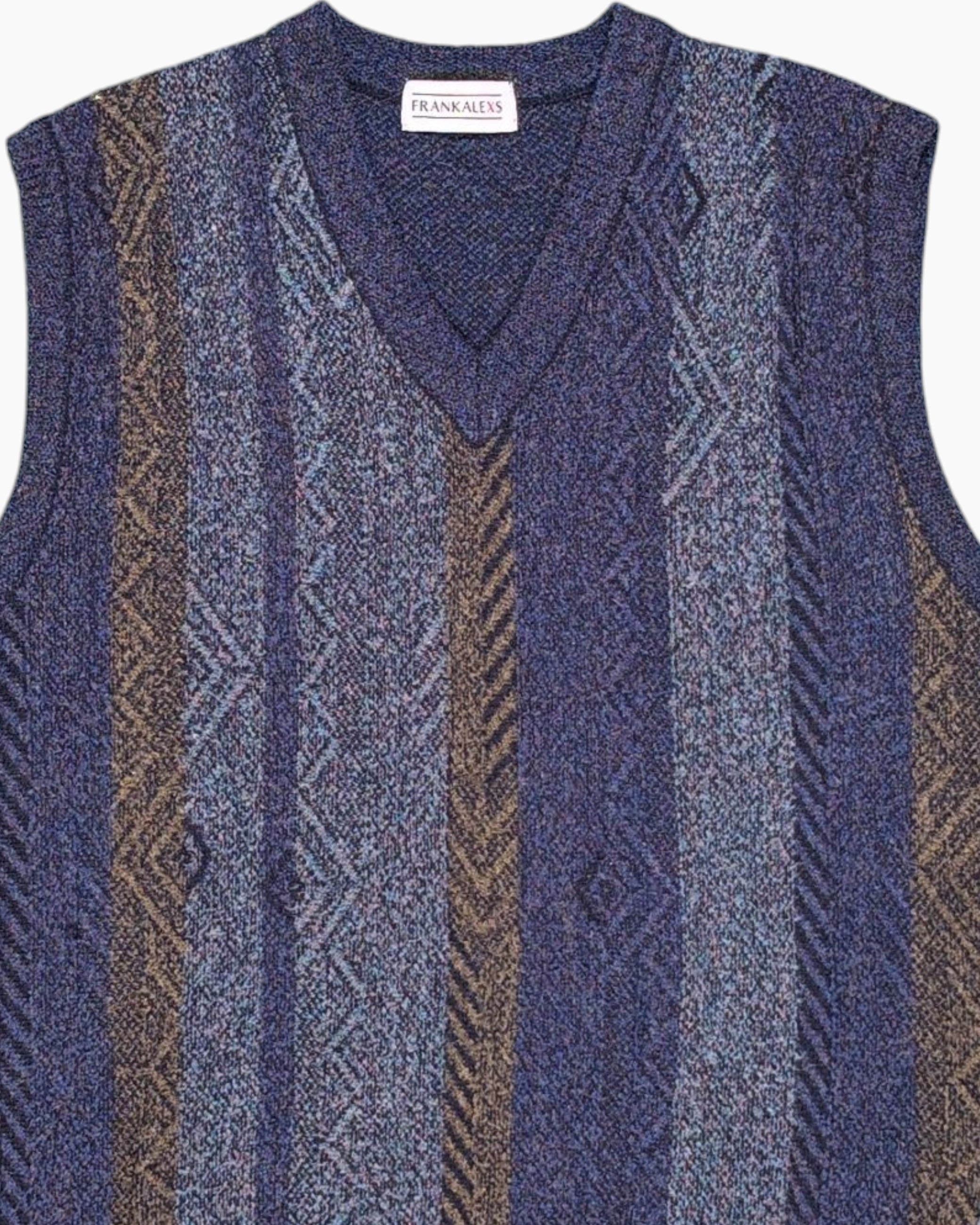 Front-detail-1 Vintage 80s/90s FRANKALEXS Pullover Sweater Vest – Blue Jacquard Chevron